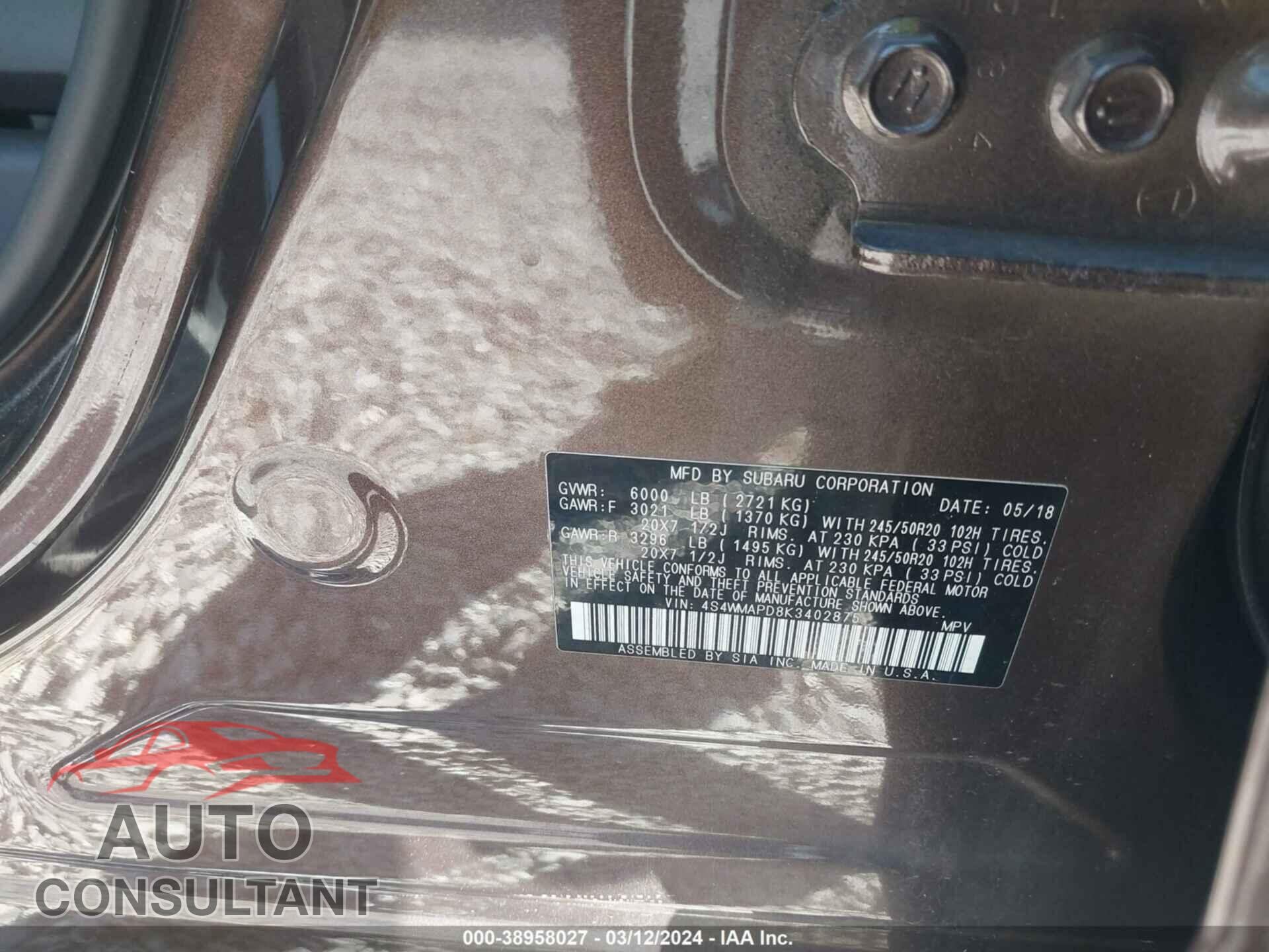SUBARU ASCENT 2019 - 4S4WMAPD8K3402875