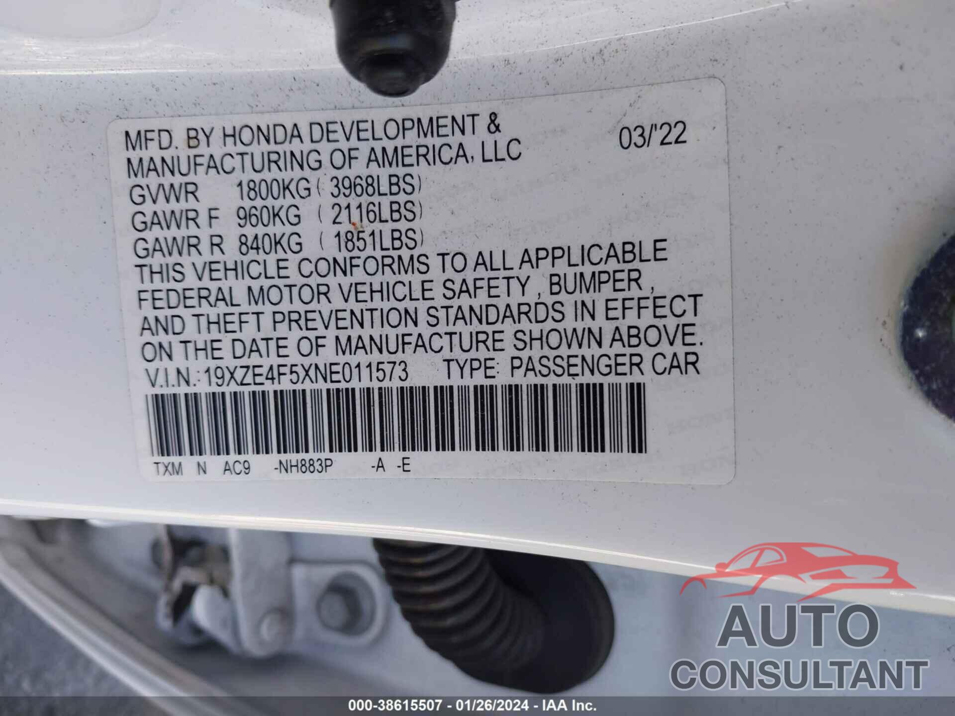 HONDA INSIGHT 2022 - 19XZE4F5XNE011573