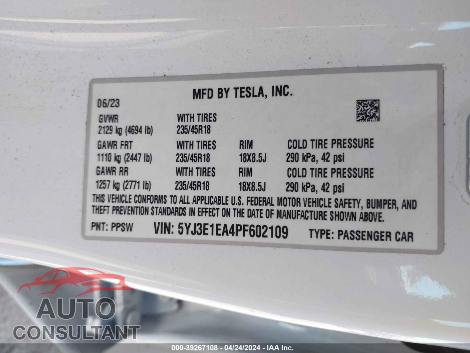 TESLA MODEL 3 2023 - 5YJ3E1EA4PF602109