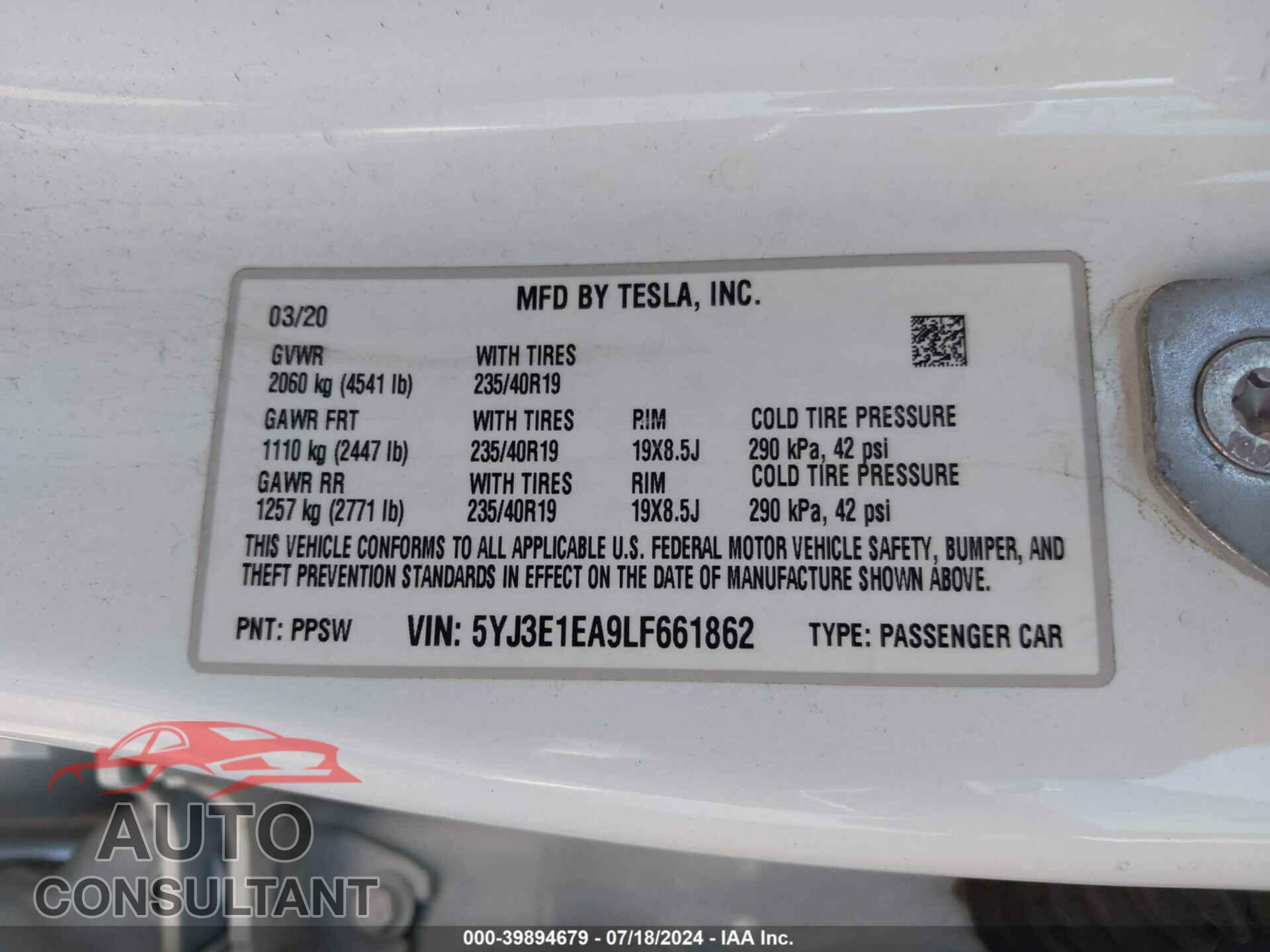TESLA MODEL 3 2020 - 5YJ3E1EA9LF661862