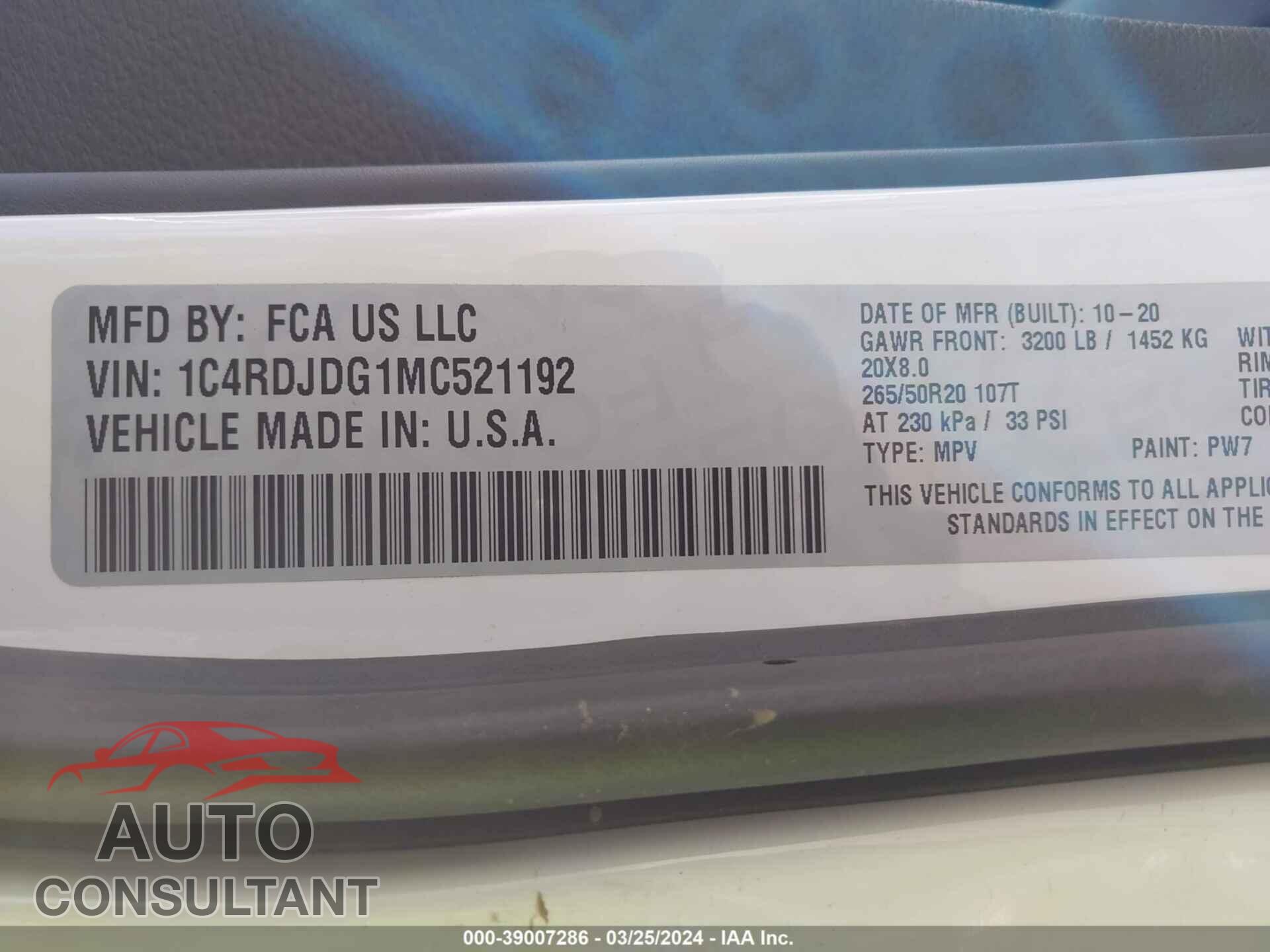 DODGE DURANGO 2021 - 1C4RDJDG1MC521192