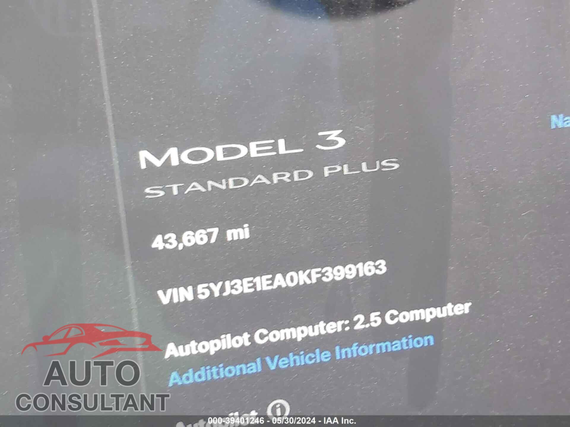 TESLA MODEL 3 2019 - 5YJ3E1EA0KF399163