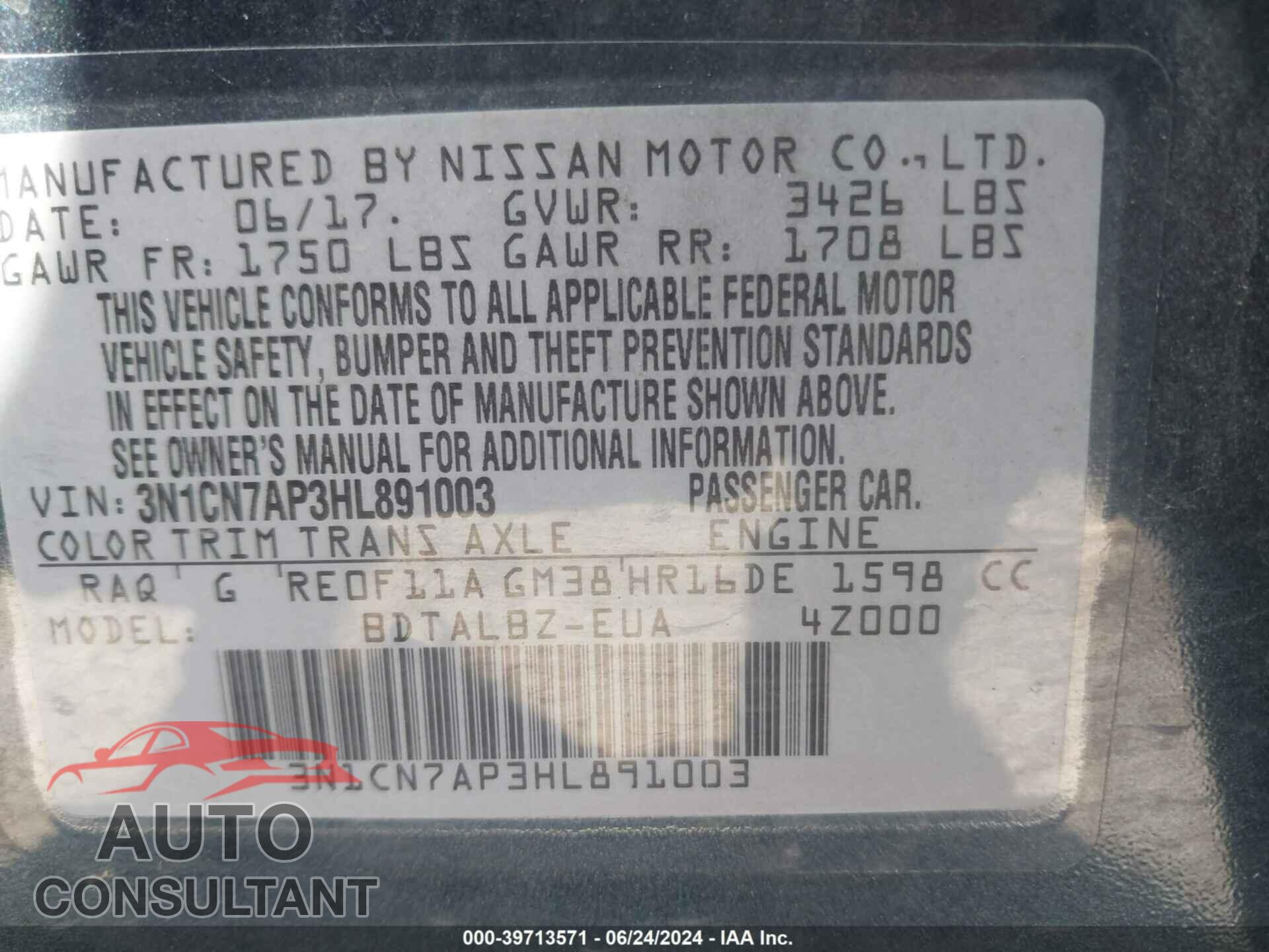 NISSAN VERSA 2017 - 3N1CN7AP3HL891003