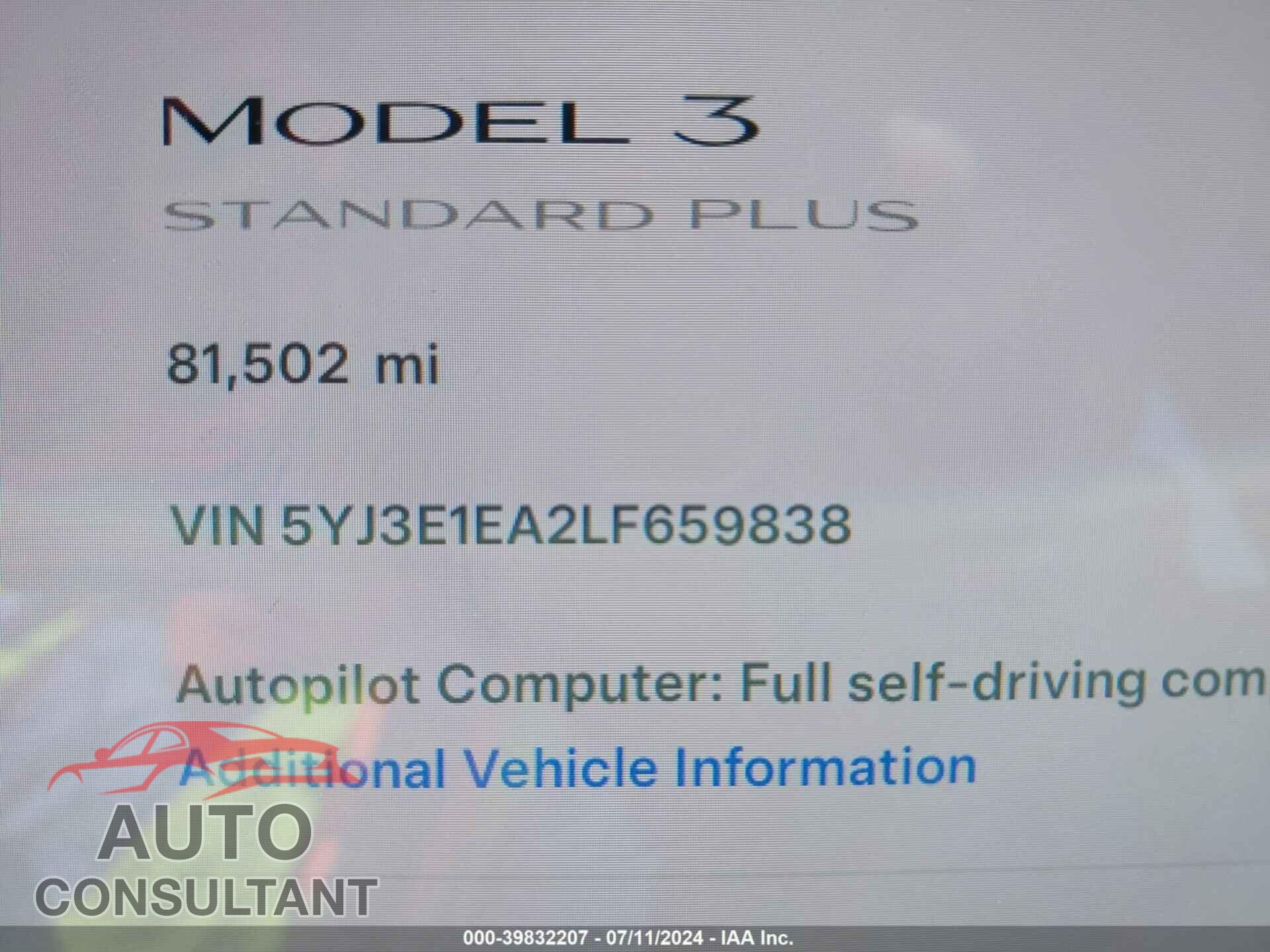 TESLA MODEL 3 2020 - 5YJ3E1EA2LF659838