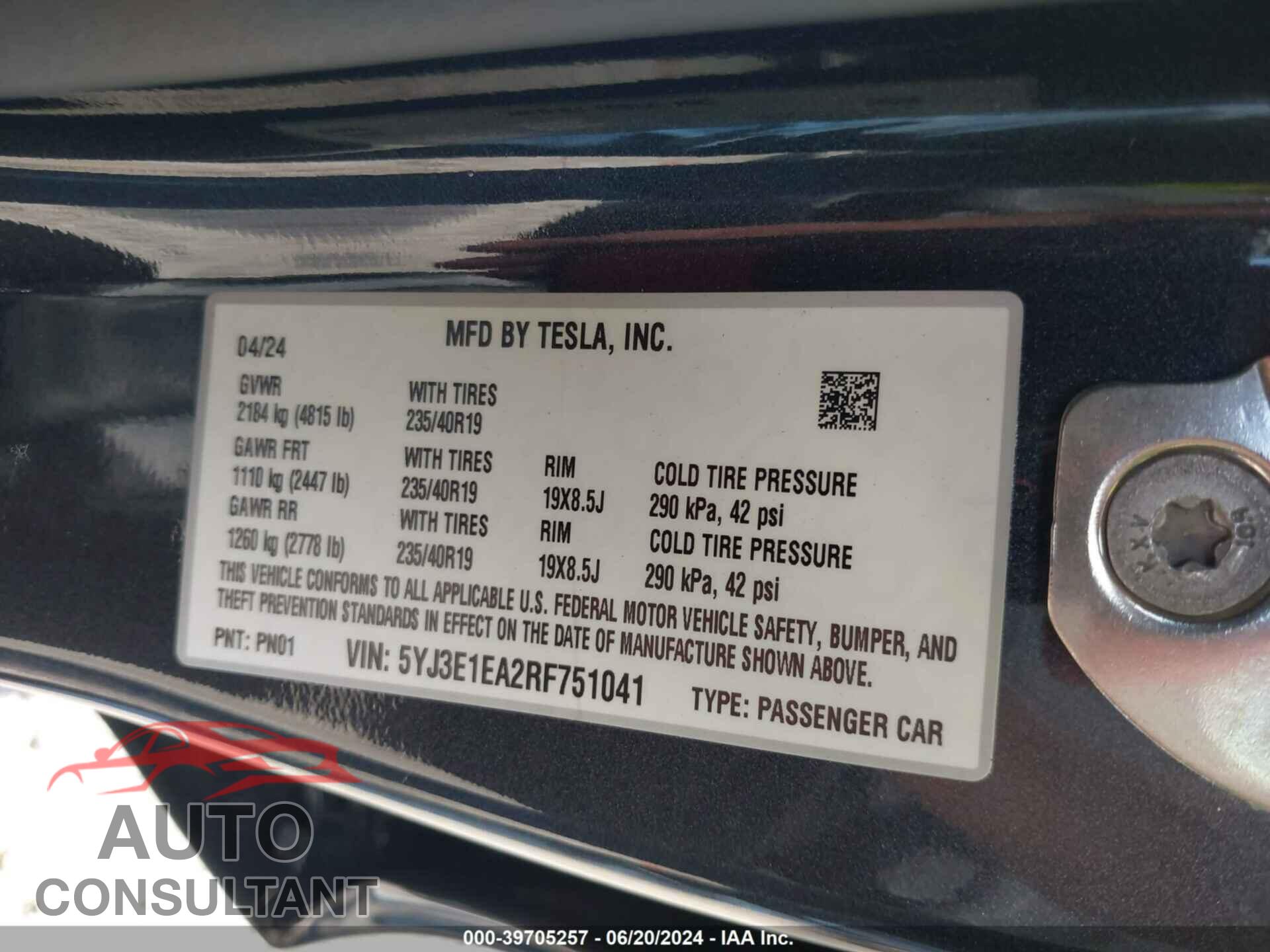 TESLA MODEL 3 2024 - 5YJ3E1EA2RF751041