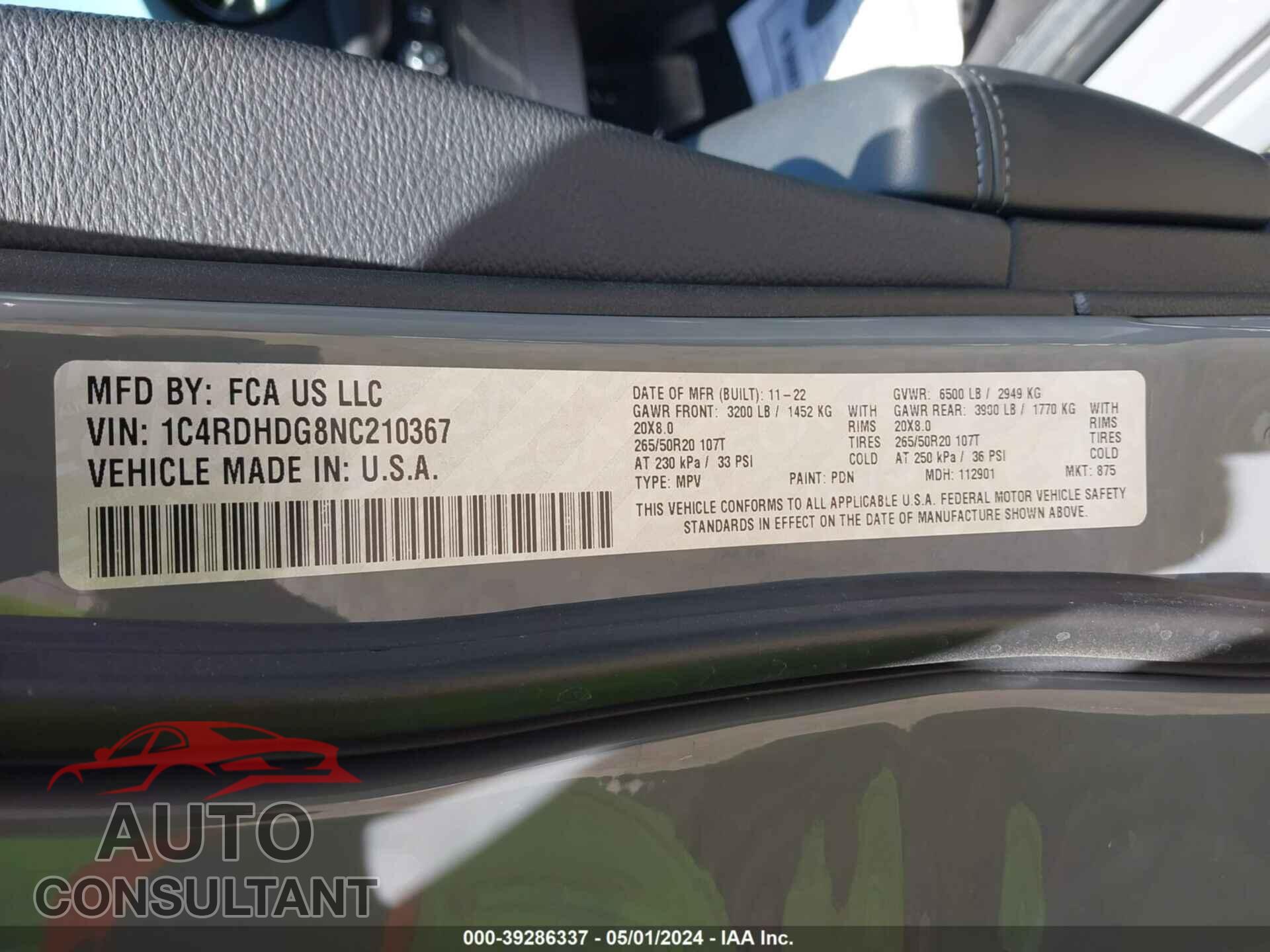 DODGE DURANGO 2022 - 1C4RDHDG8NC210367