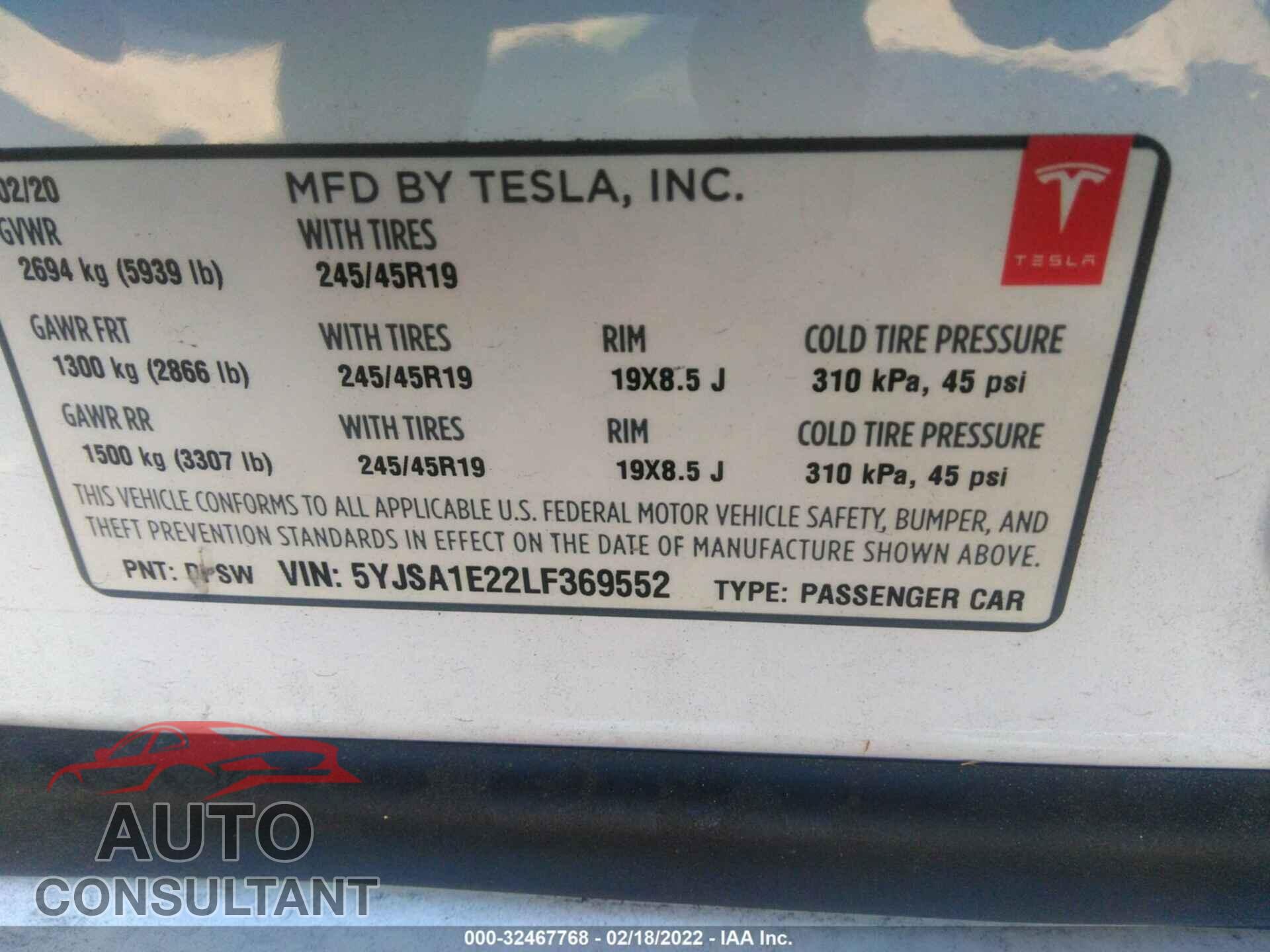 TESLA MODEL S 2020 - 5YJSA1E22LF369552