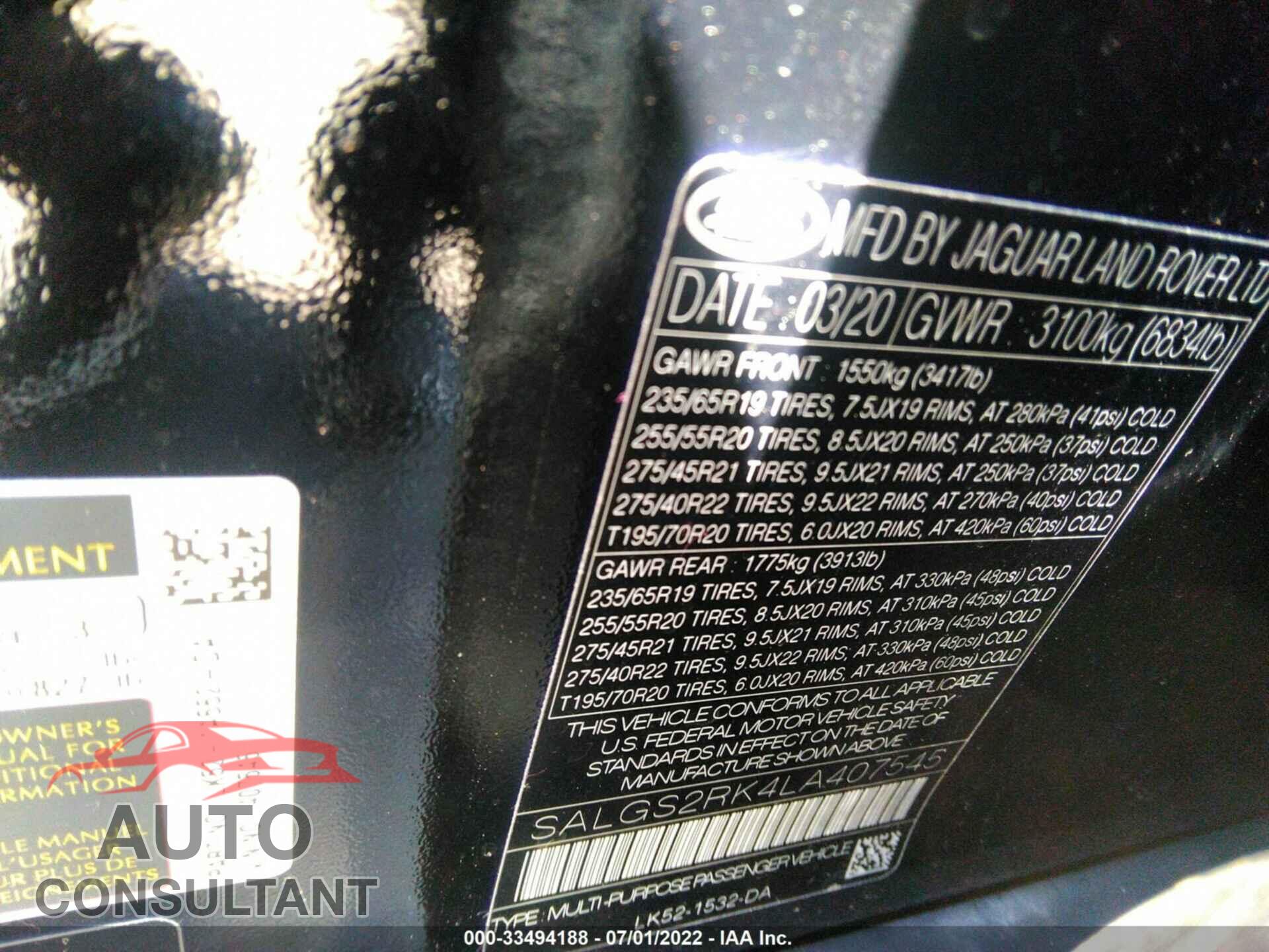 LAND ROVER RANGE ROVER 2020 - SALGS2RK4LA407545