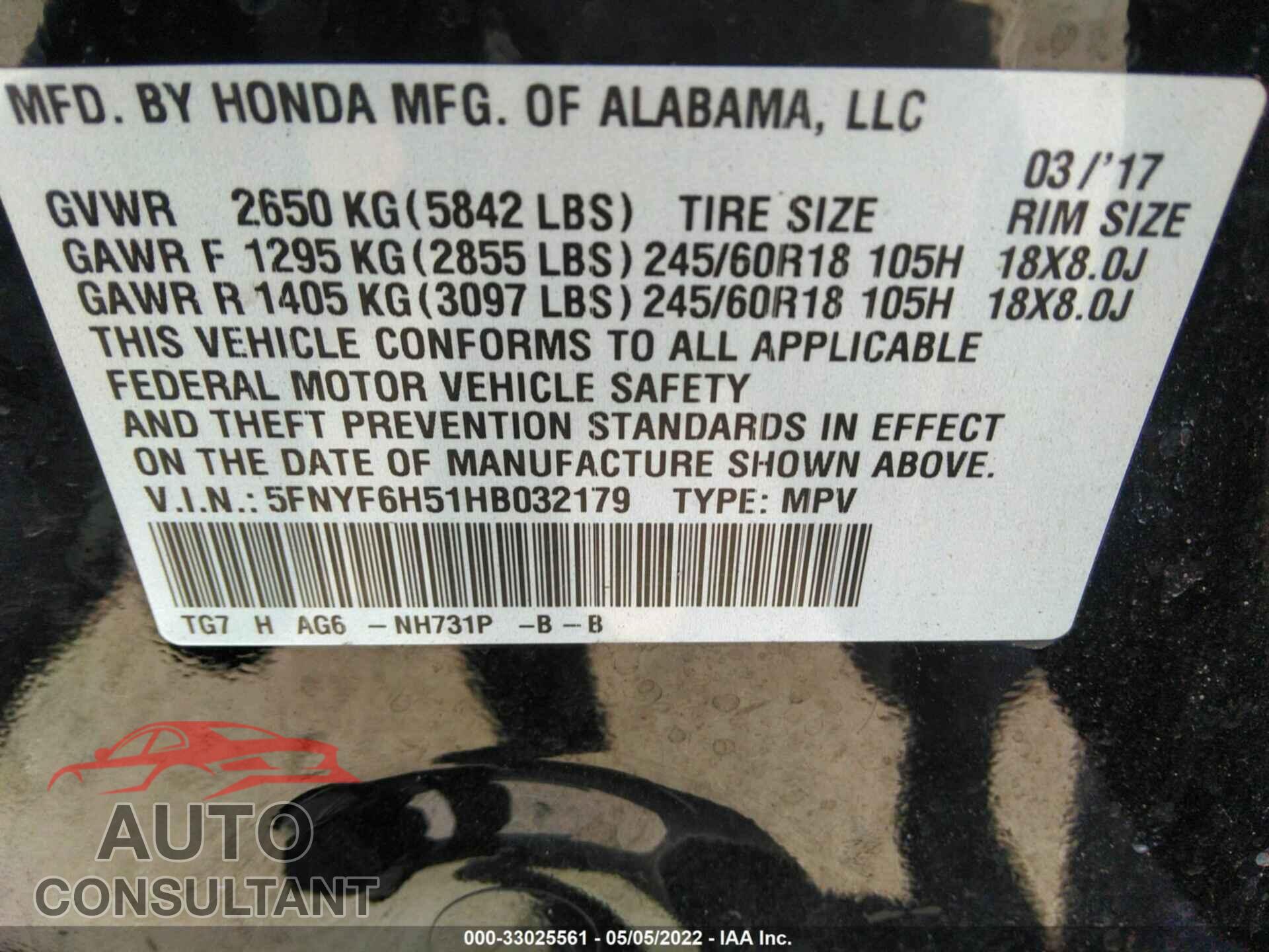 HONDA PILOT 2017 - 5FNYF6H51HB032179