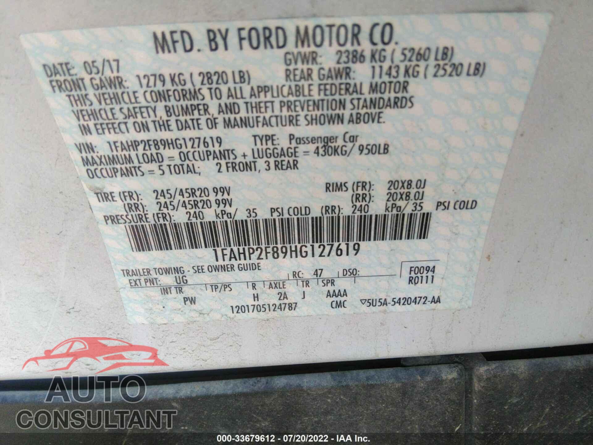 FORD TAURUS 2017 - 1FAHP2F89HG127619