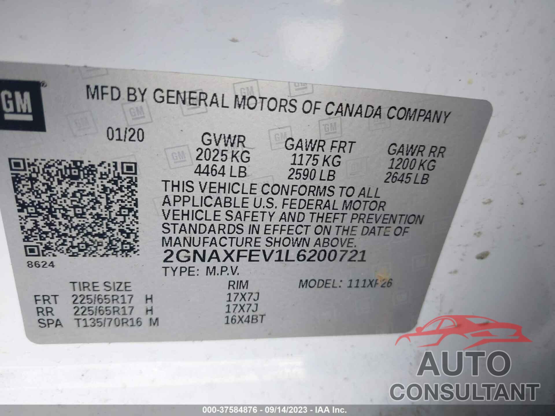 CHEVROLET EQUINOX 2020 - 2GNAXFEV1L6200721