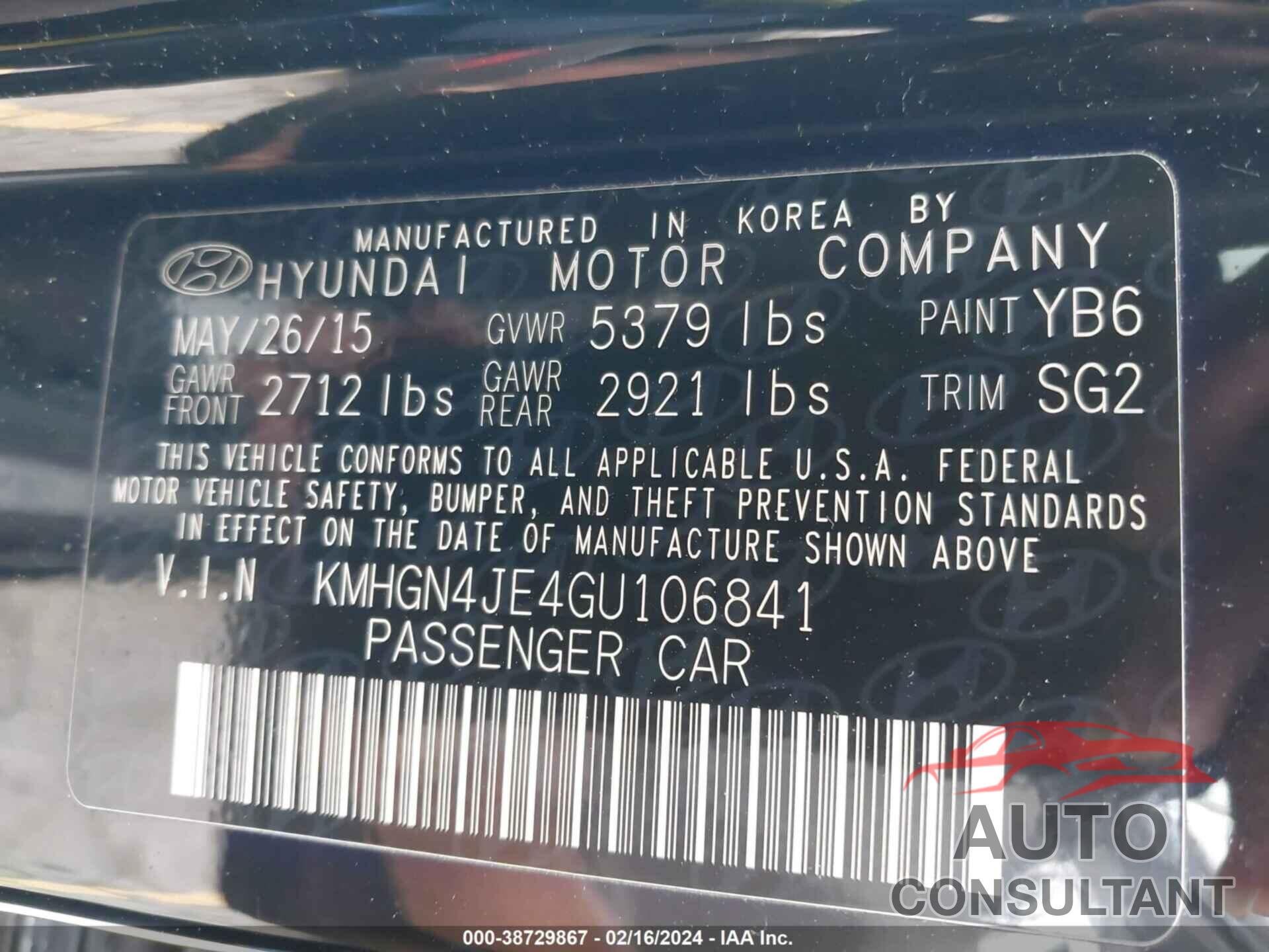 HYUNDAI GENESIS 2016 - KMHGN4JE4GU106841