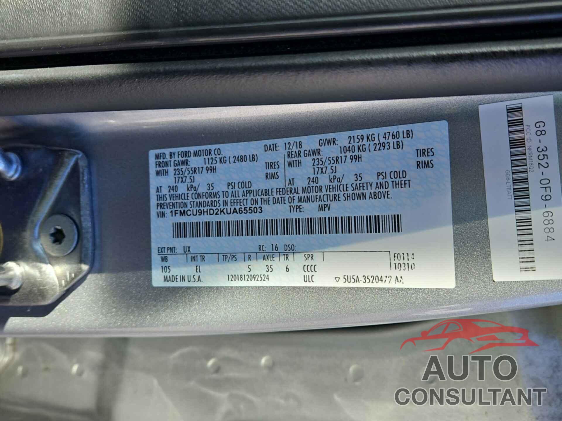 FORD ESCAPE 2019 - 1FMCU9HD2KUA65503