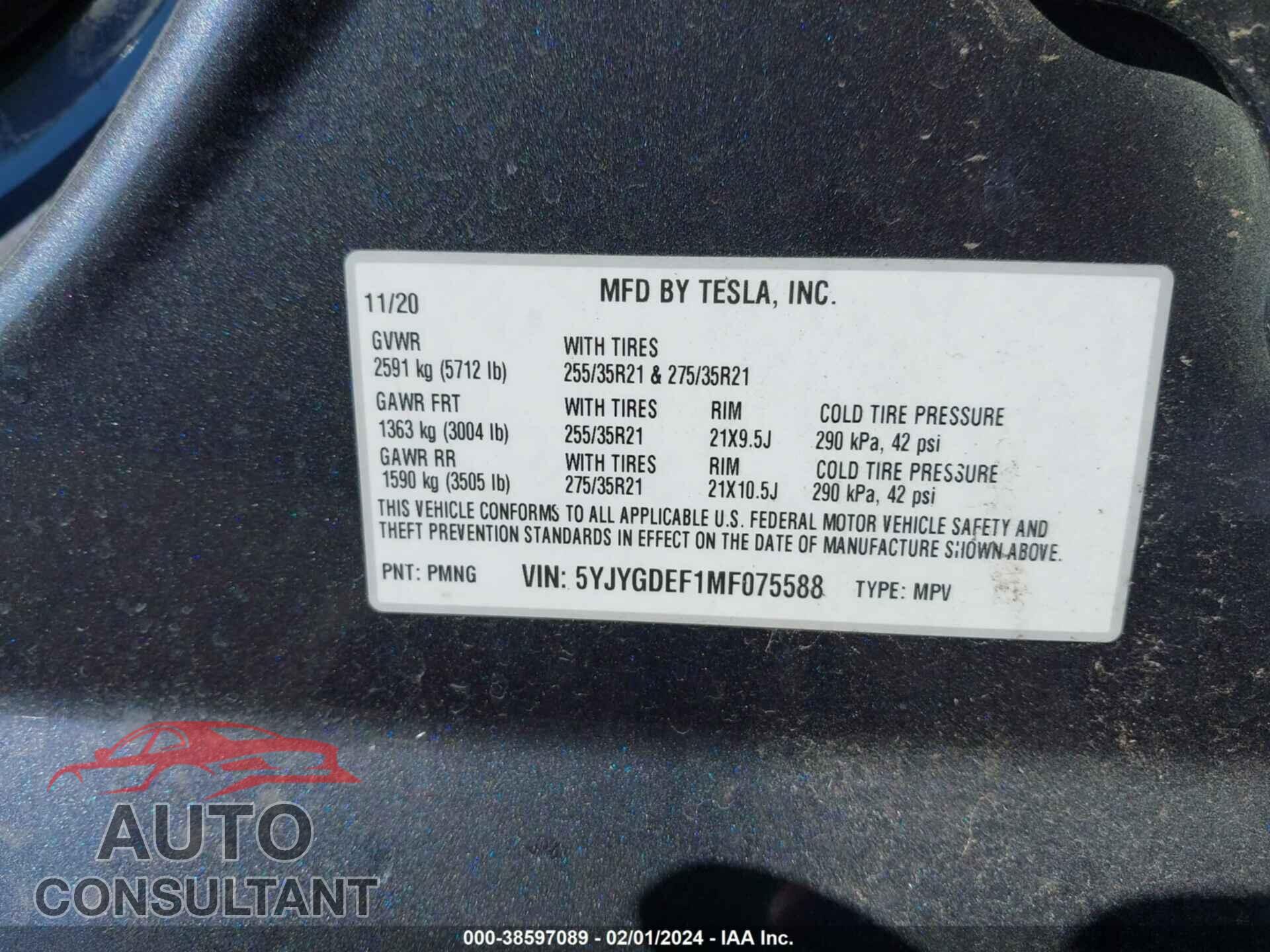 TESLA MODEL Y 2021 - 5YJYGDEF1MF075588