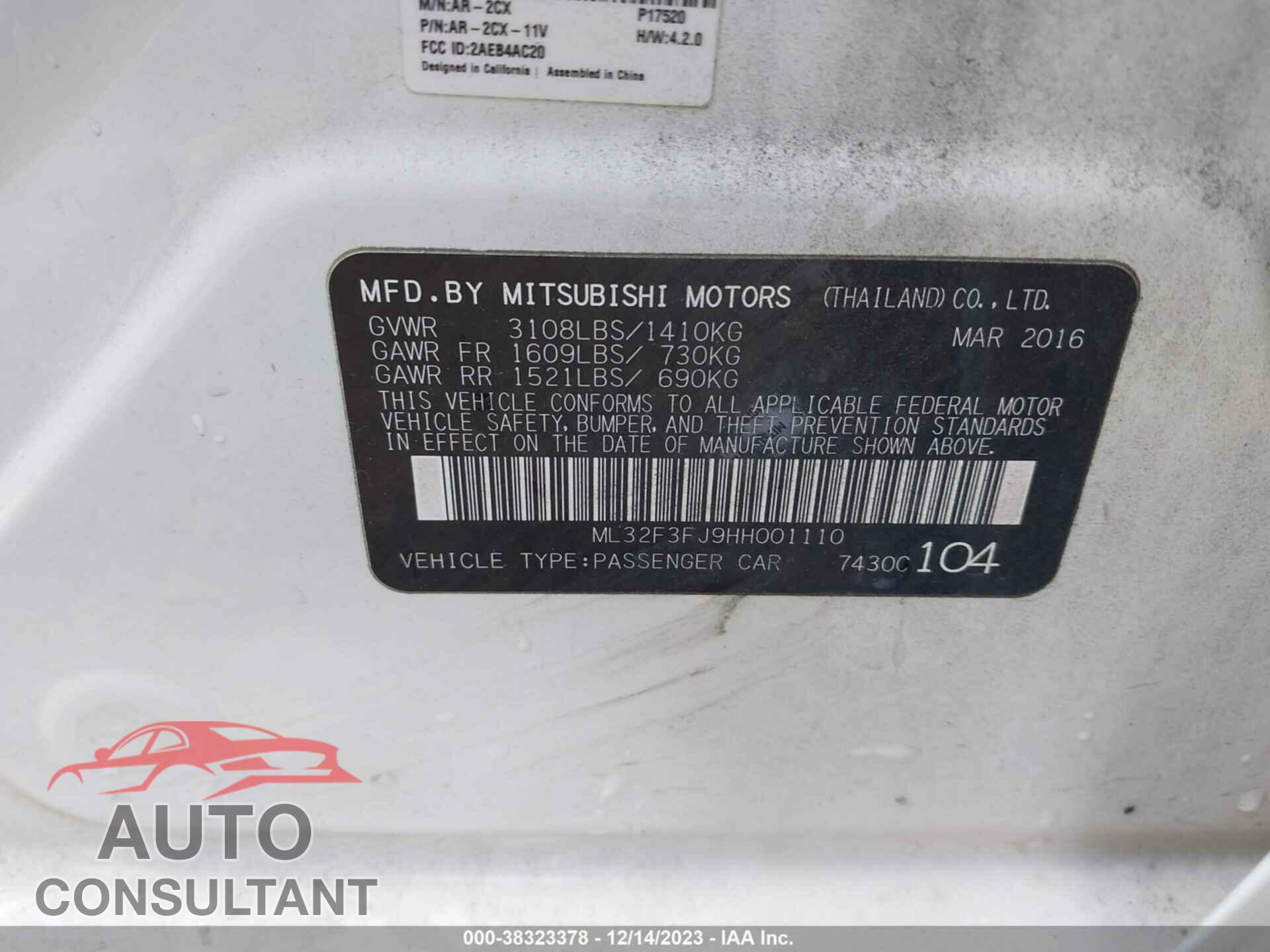 MITSUBISHI MIRAGE G4 2017 - ML32F3FJ9HH001110