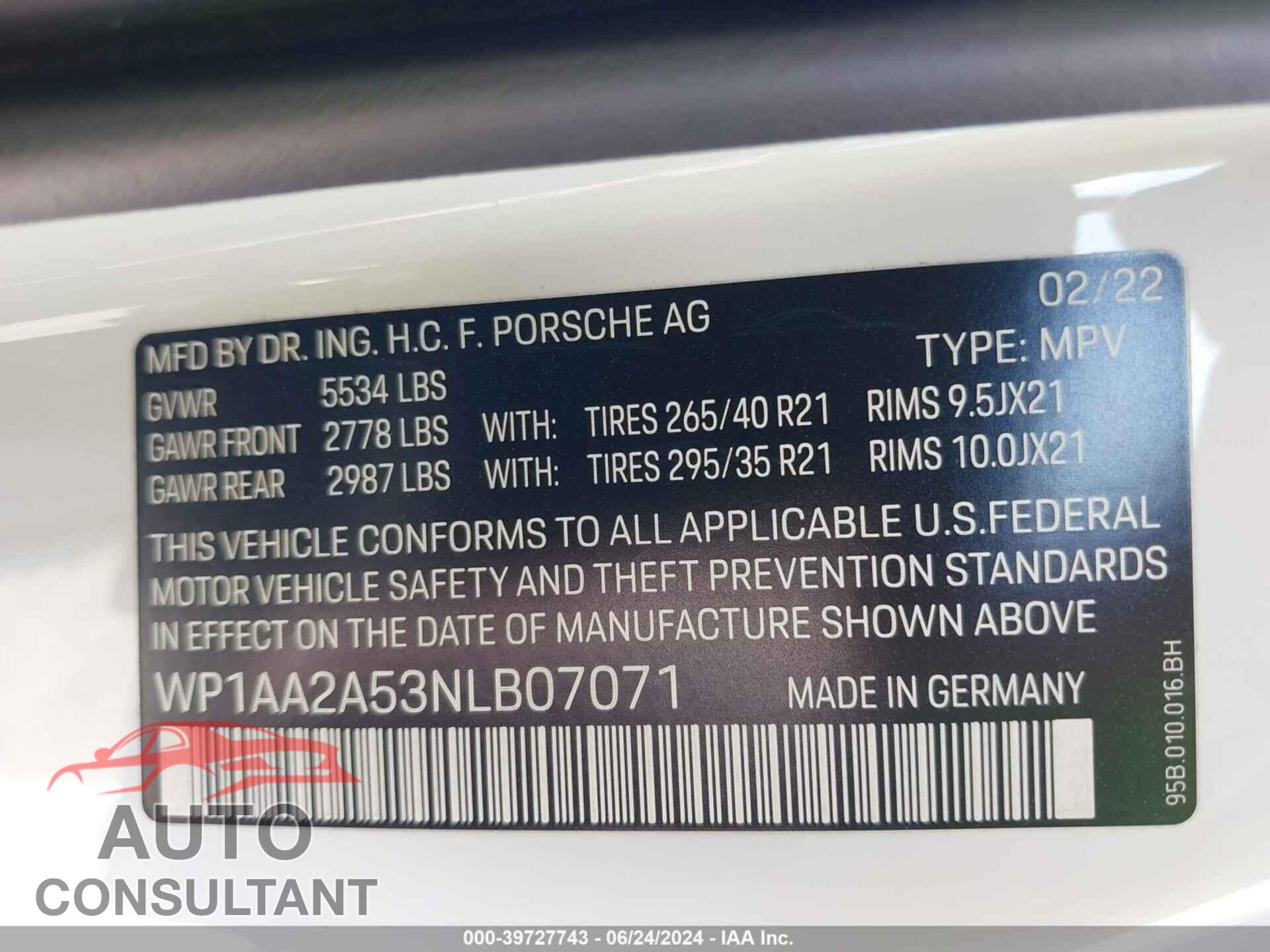 PORSCHE MACAN 2022 - WP1AA2A53NLB07071