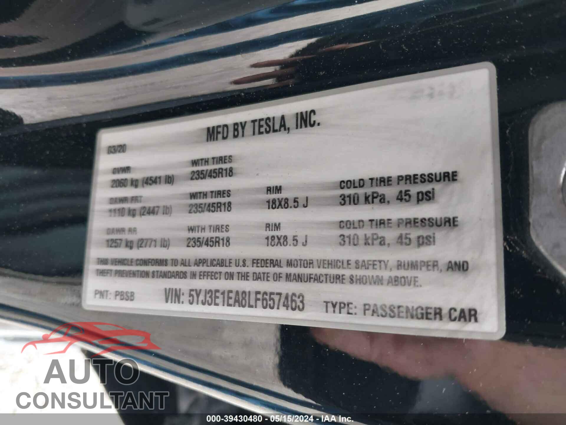 TESLA MODEL 3 2020 - 5YJ3E1EA8LF657463