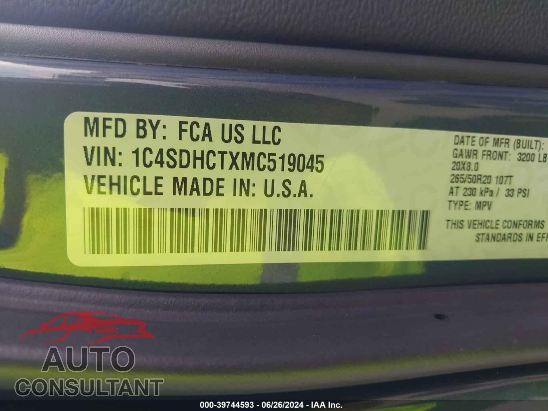 DODGE DURANGO 2021 - 1C4SDHCTXMC519045