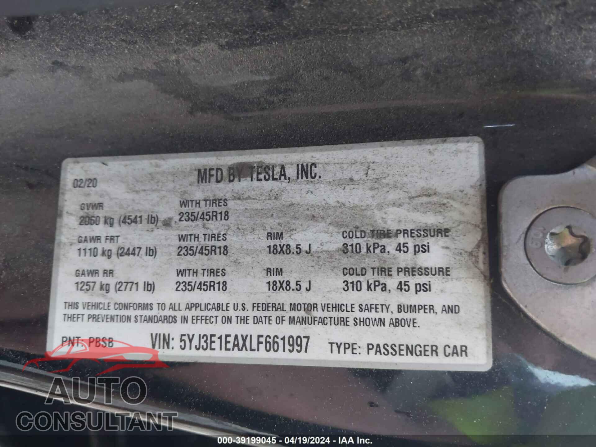 TESLA MODEL 3 2020 - 5YJ3E1EAXLF661997