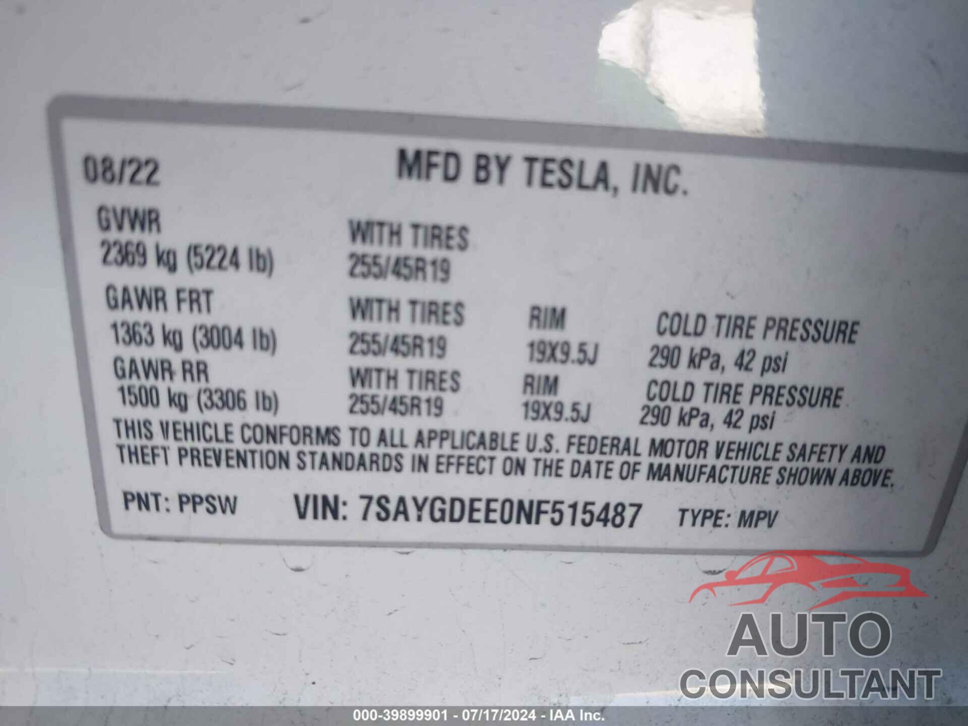 TESLA MODEL Y 2022 - 7SAYGDEE0NF515487