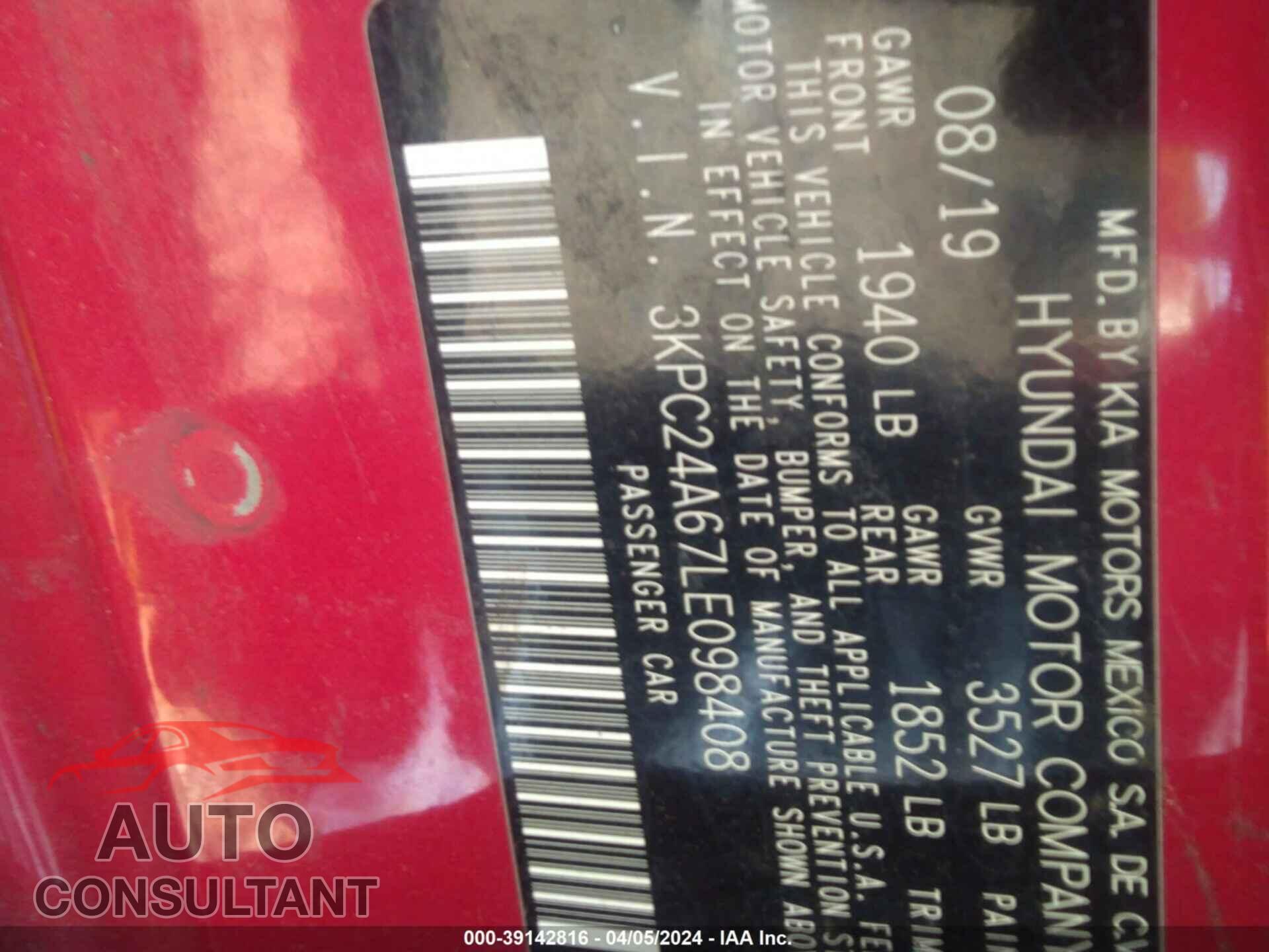 HYUNDAI ACCENT 2020 - 3KPC24A67LE098408