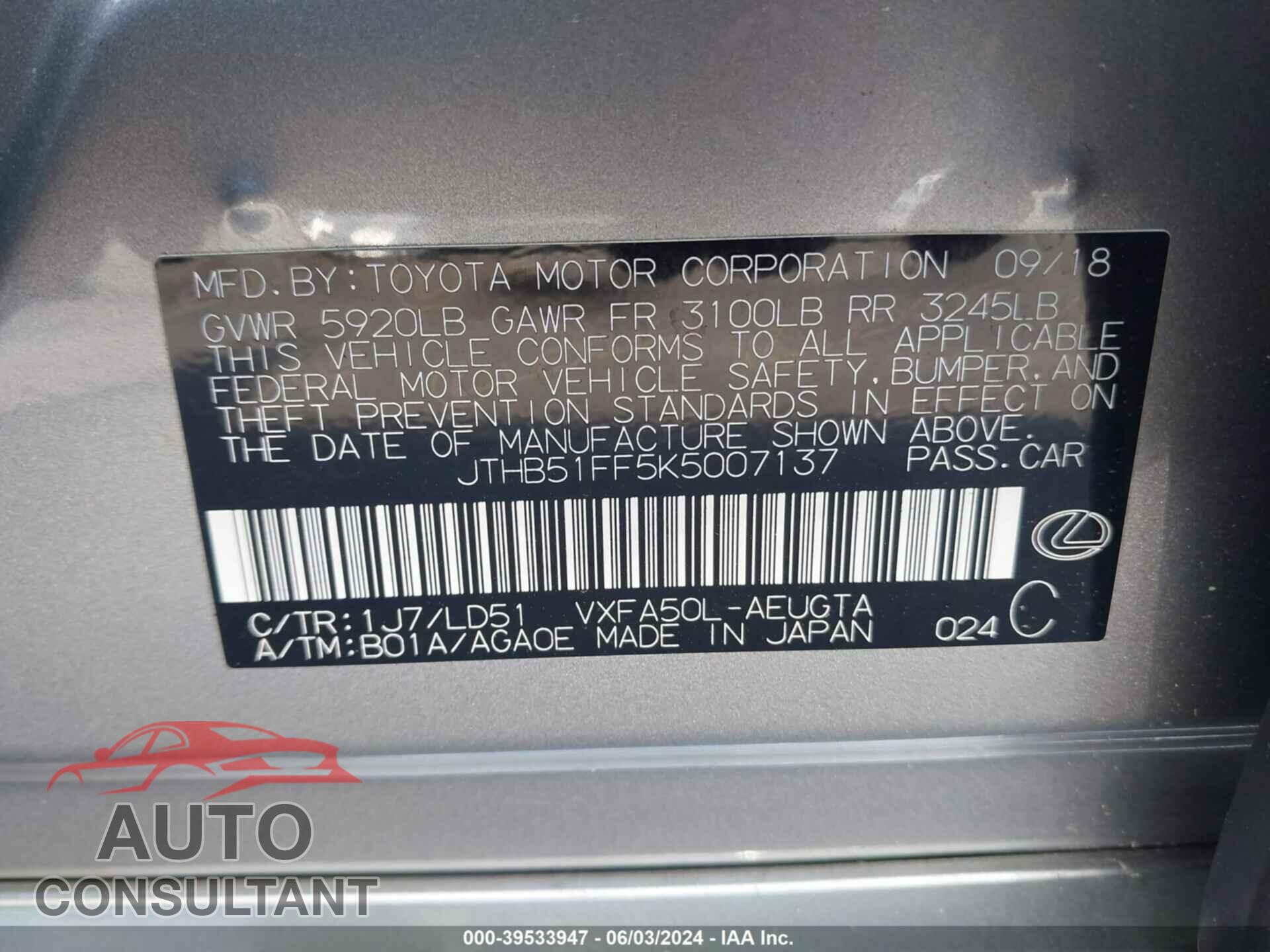 LEXUS LS 500 2019 - JTHB51FF5K5007137