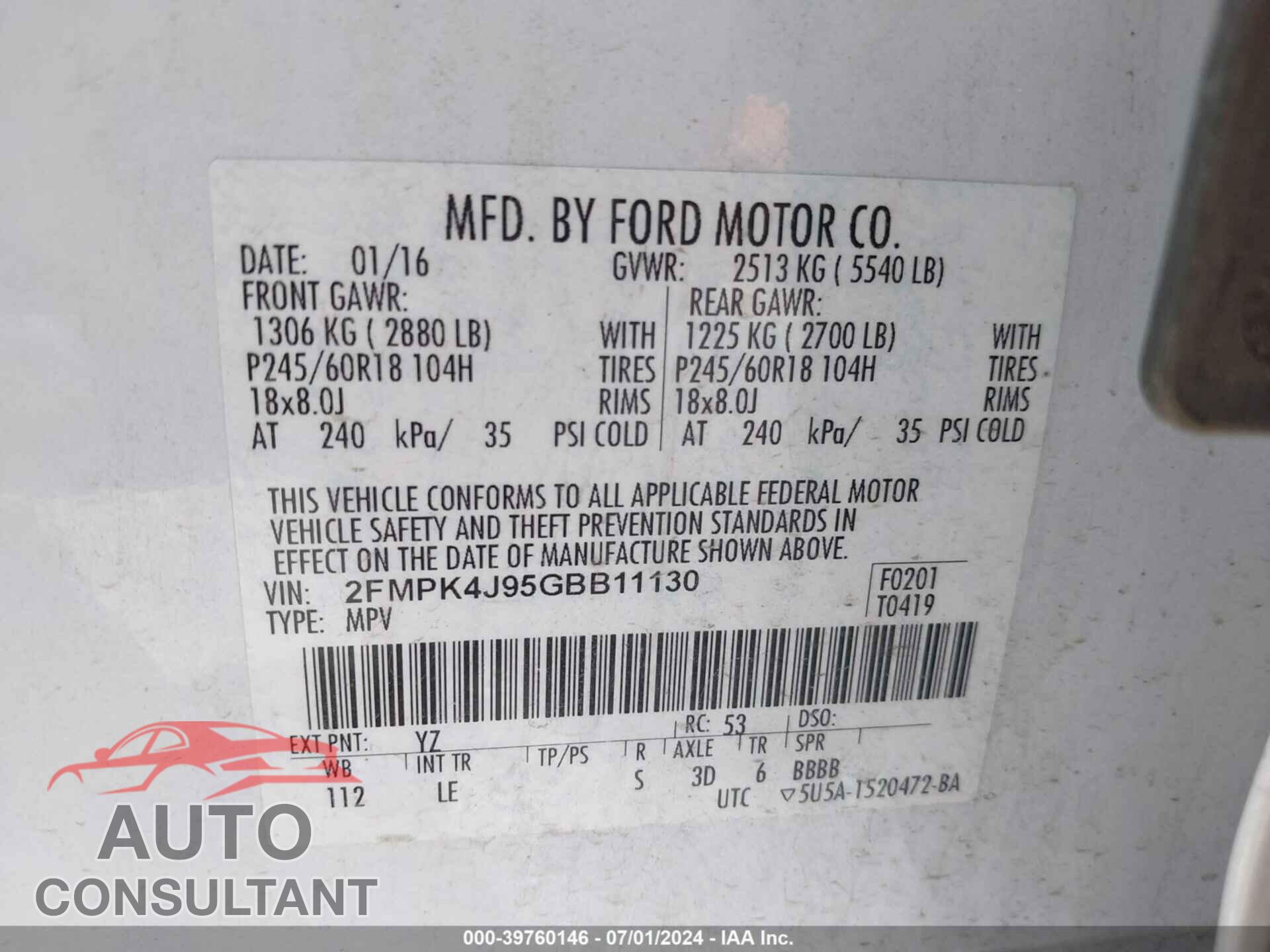 FORD EDGE 2016 - 2FMPK4J95GBB11130