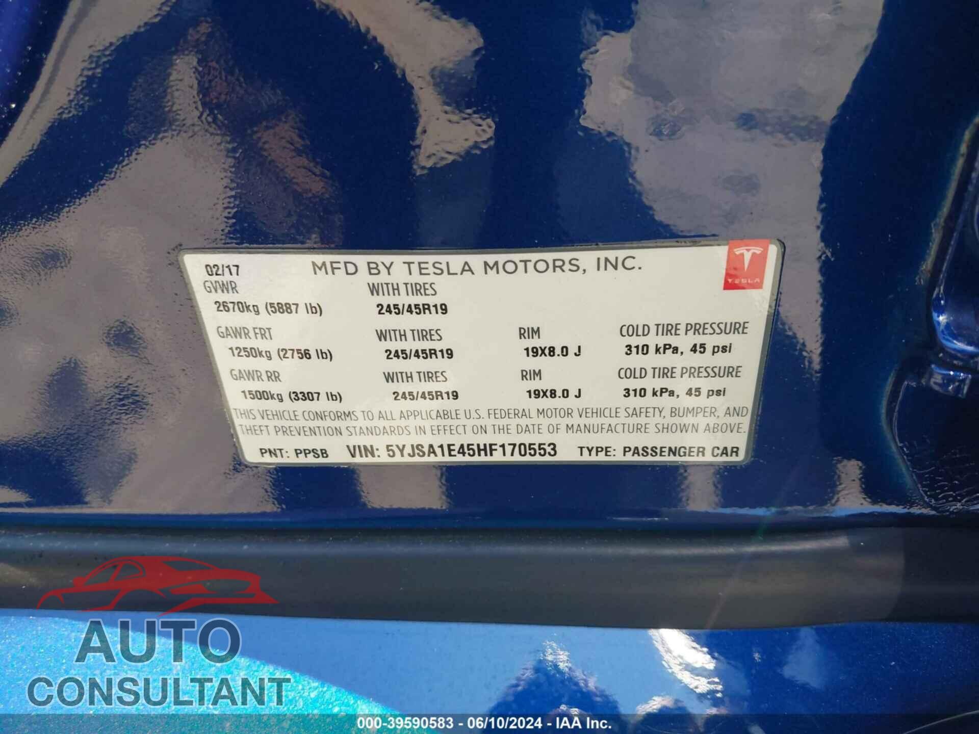 TESLA MODEL S 2017 - 5YJSA1E45HF170553