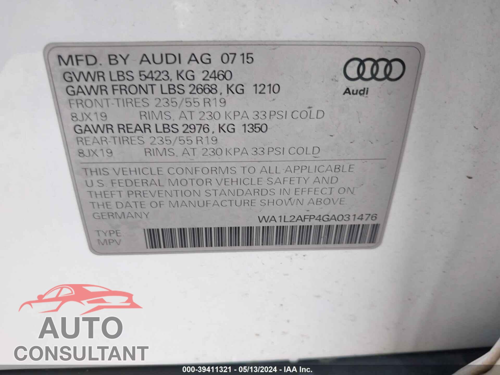 AUDI Q5 2016 - WA1L2AFP4GA031476