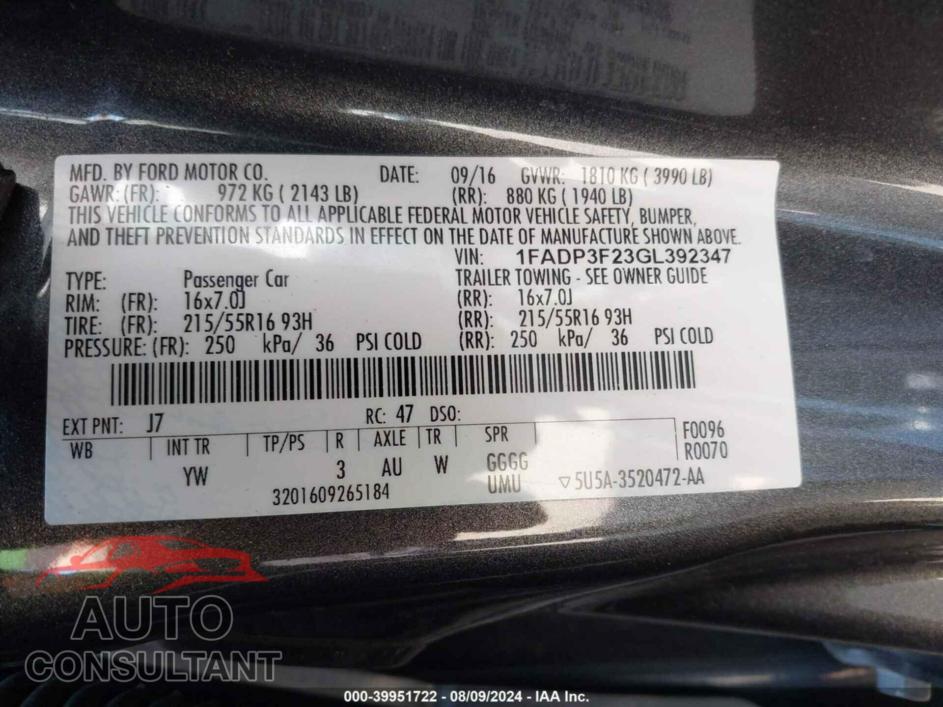 FORD FOCUS 2016 - 1FADP3F23GL392347