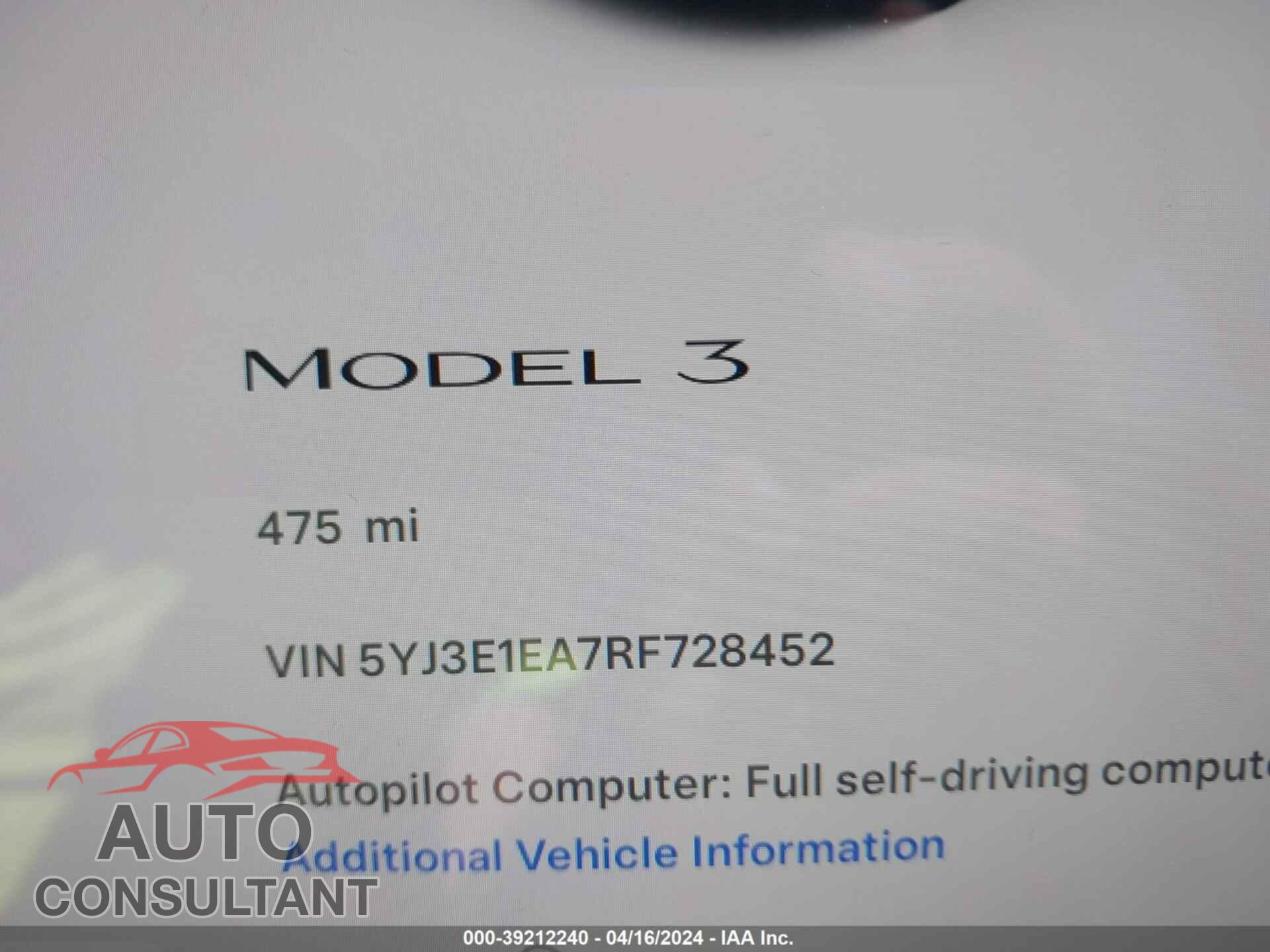 TESLA MODEL 3 2024 - 5YJ3E1EA7RF728452