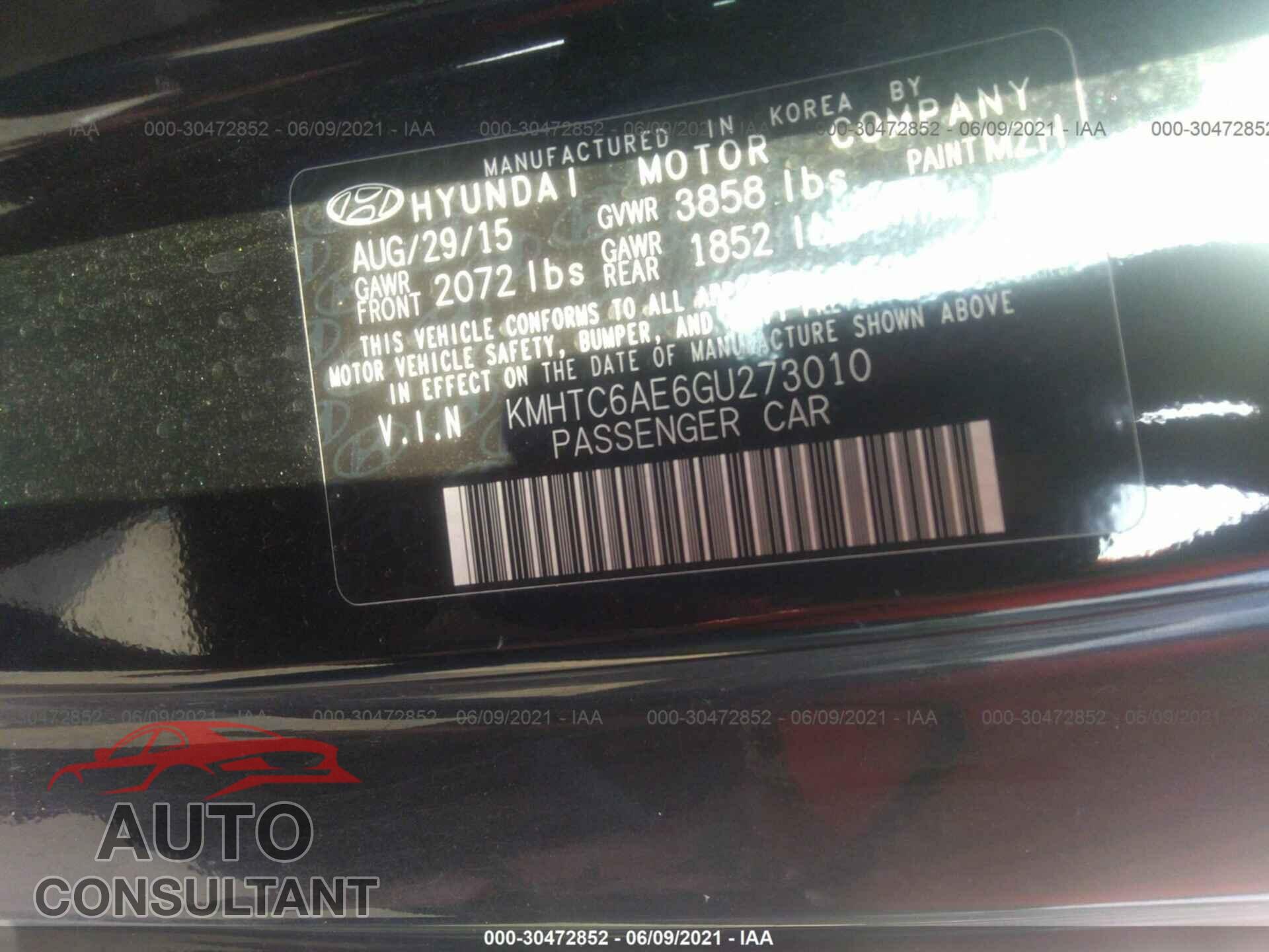 HYUNDAI VELOSTER 2016 - KMHTC6AE6GU273010