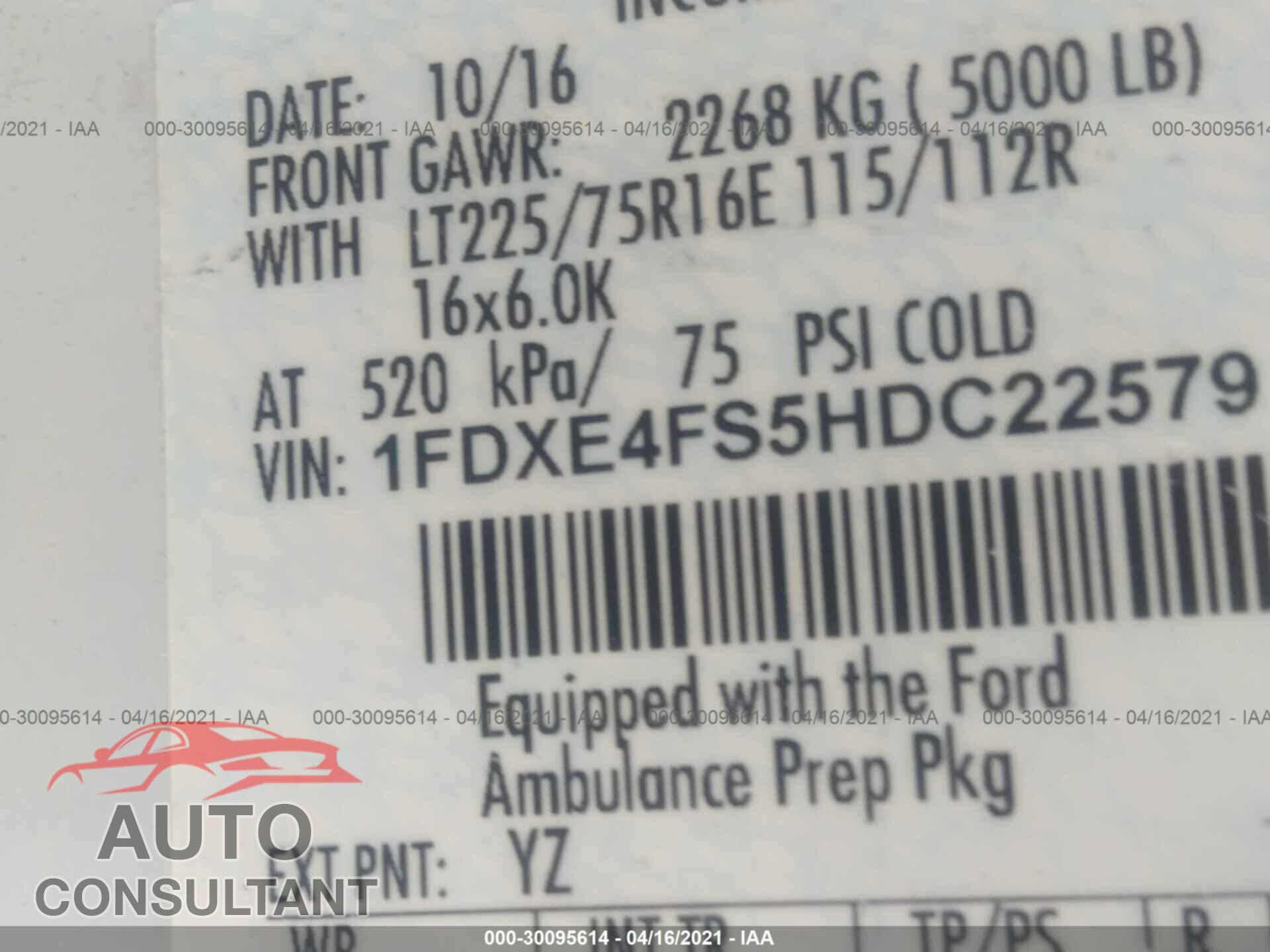 FORD E450 2017 - 1FDXE4FS5HDC22579