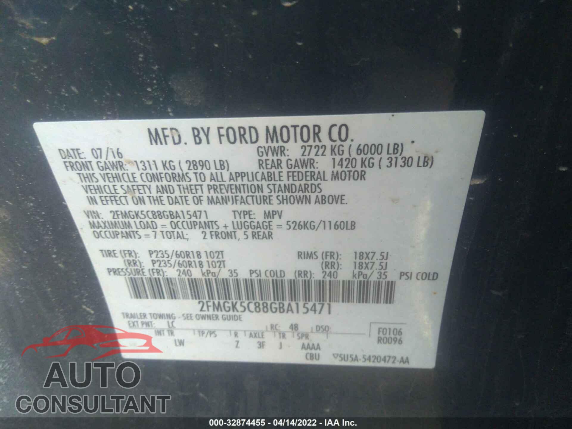 FORD FLEX 2016 - 2FMGK5C88GBA15471