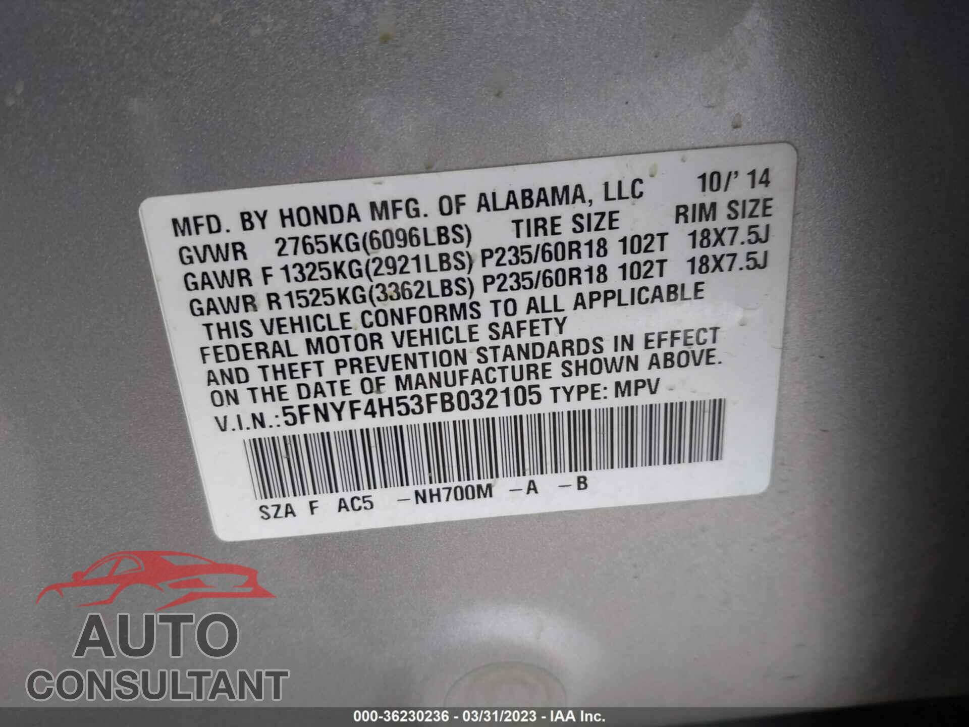 HONDA PILOT 2015 - 5FNYF4H53FB032105