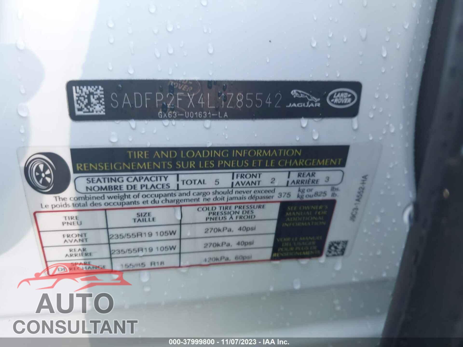 JAGUAR E-PACE 2020 - SADFP2FX4L1Z85542