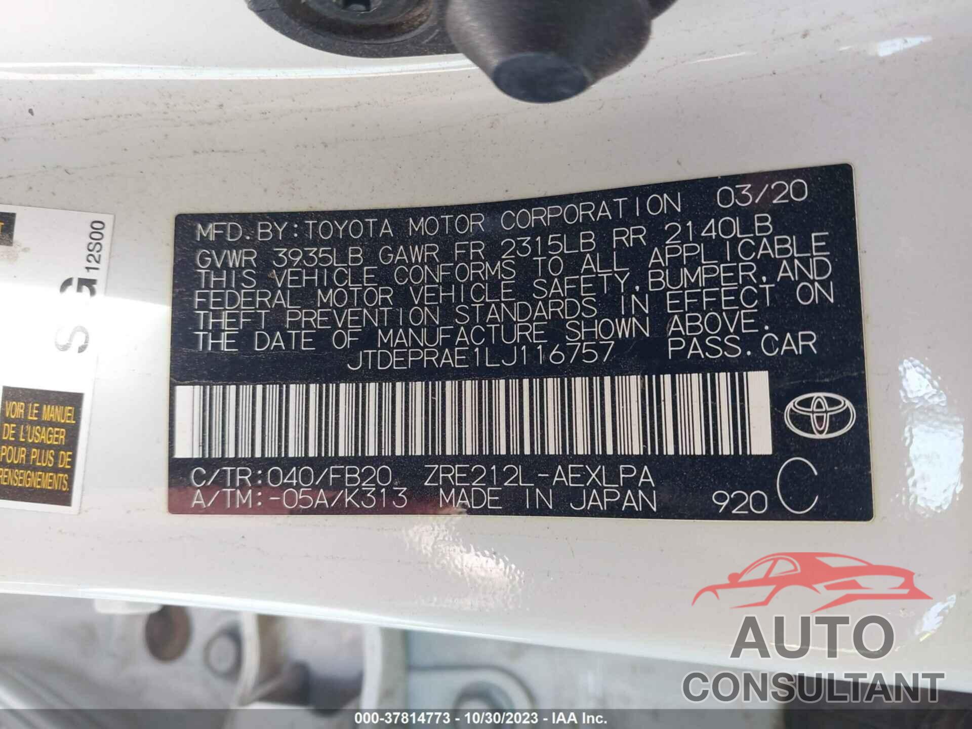 TOYOTA COROLLA 2020 - JTDEPRAE1LJ116757