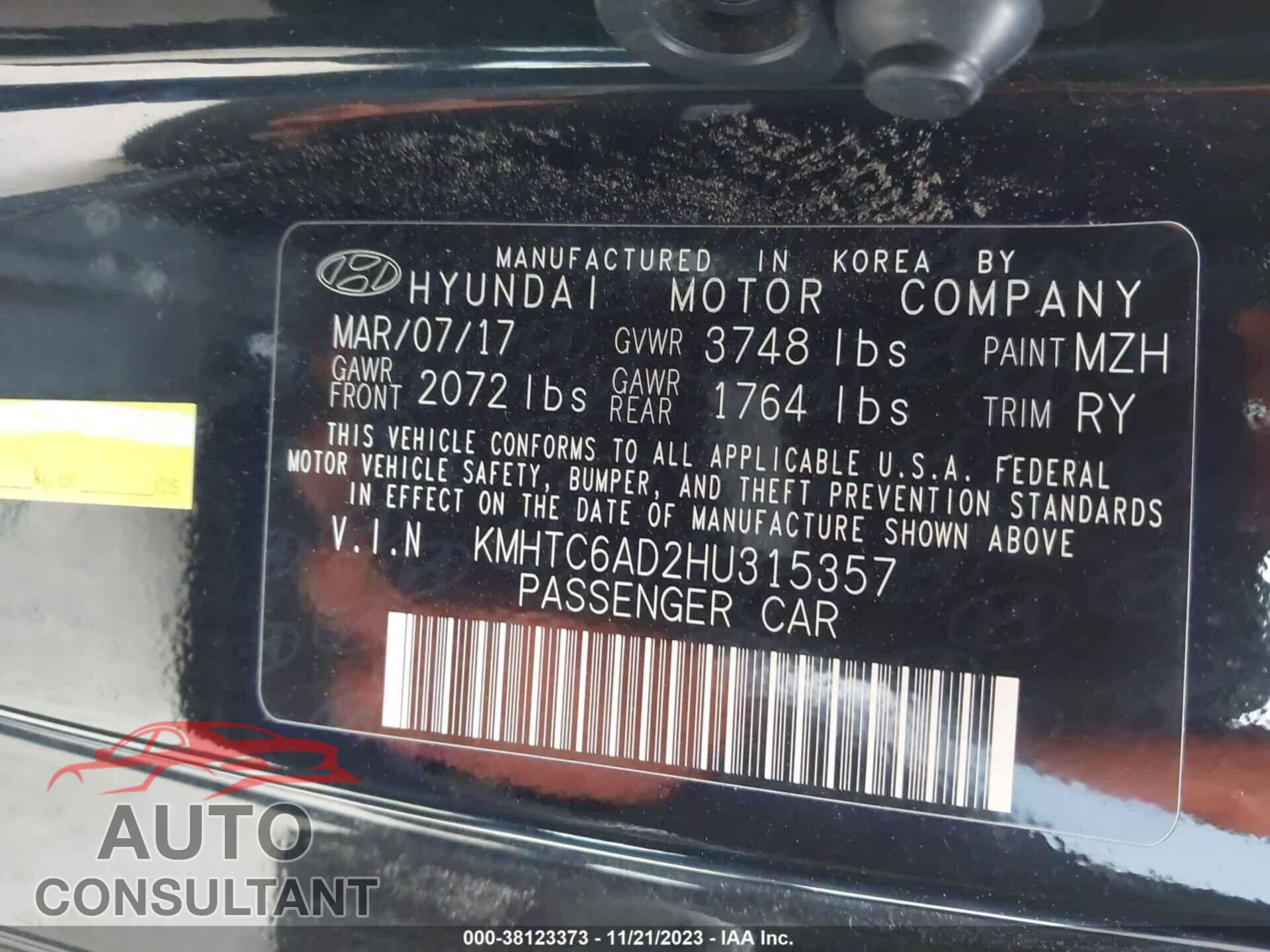 HYUNDAI VELOSTER 2017 - KMHTC6AD2HU315357