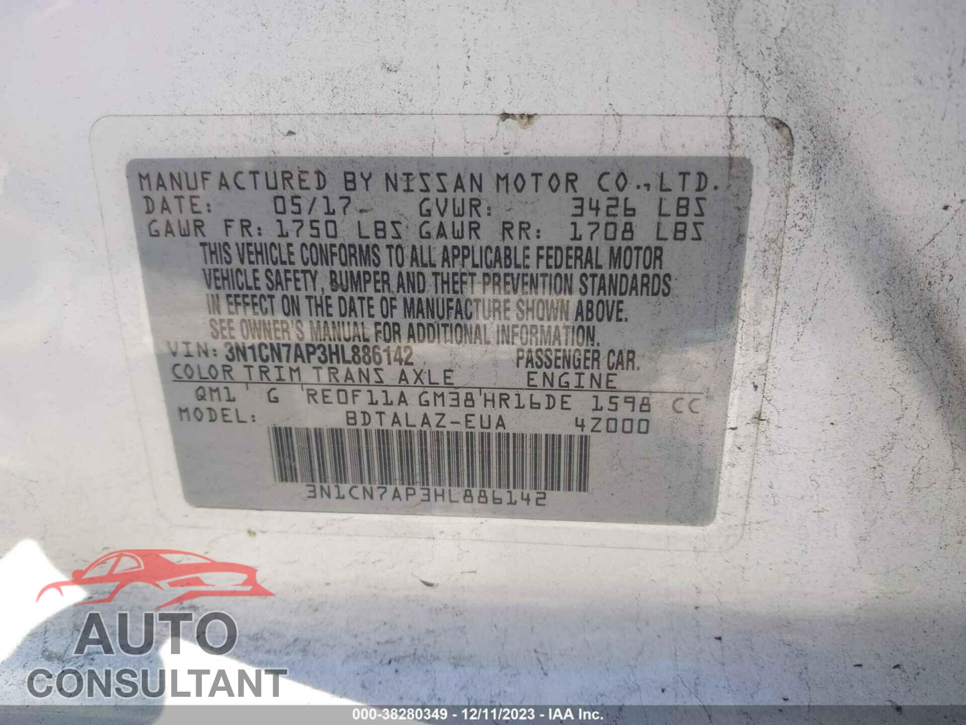NISSAN VERSA 2017 - 3N1CN7AP3HL886142