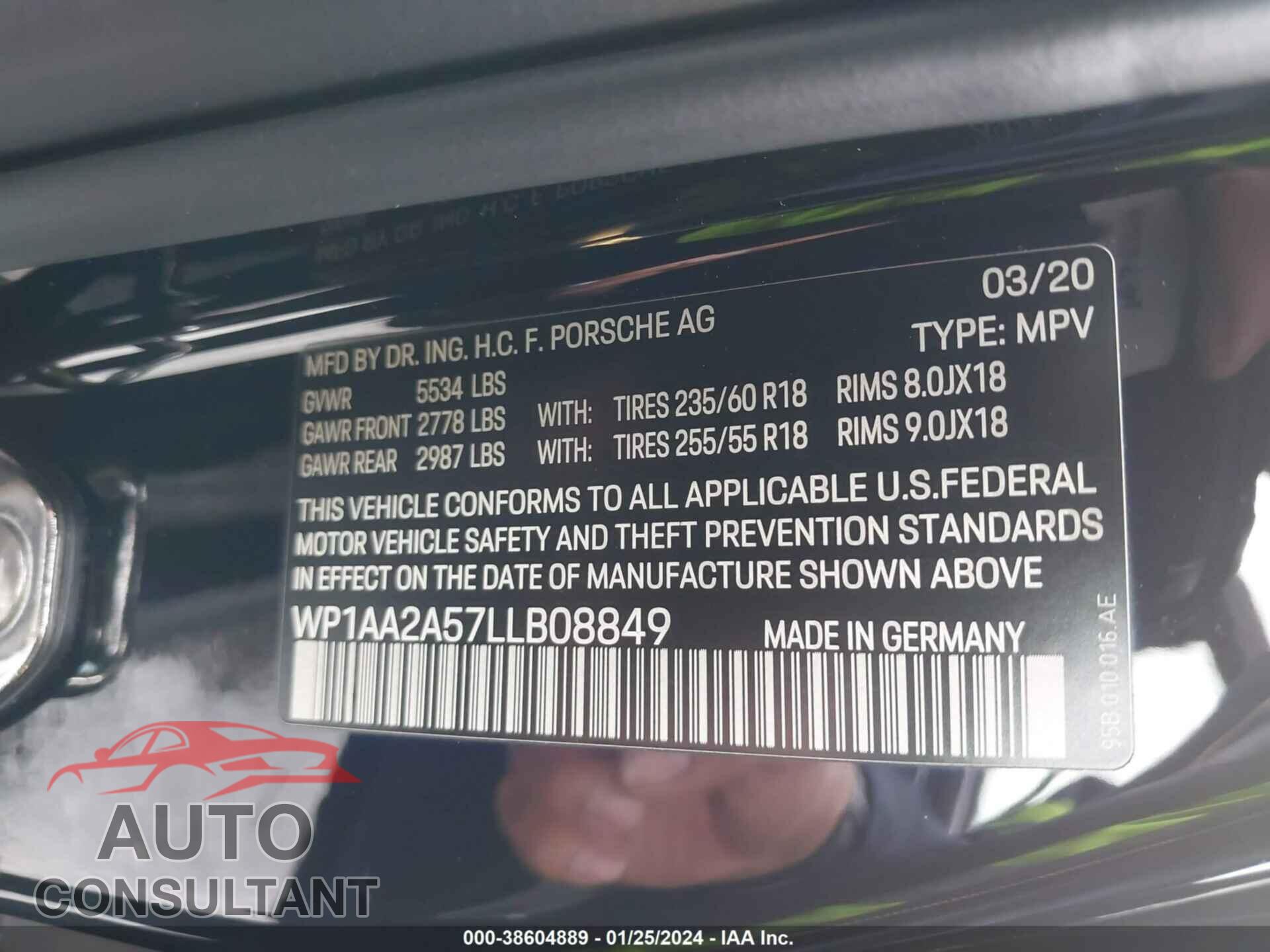 PORSCHE MACAN 2020 - WP1AA2A57LLB08849