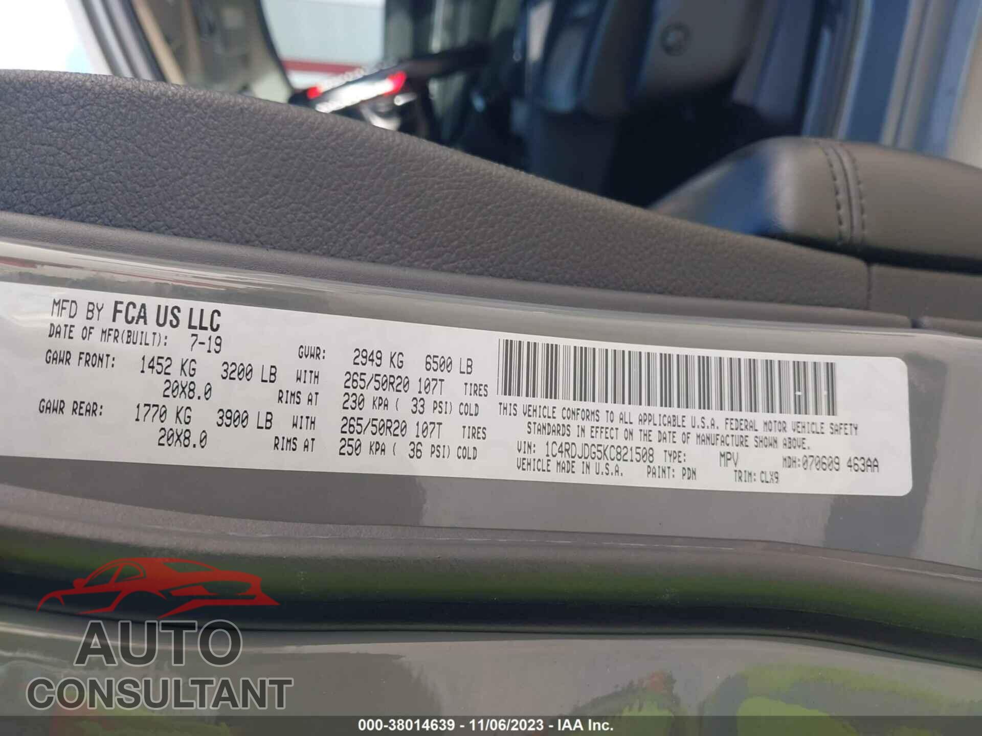 DODGE DURANGO 2019 - 1C4RDJDG5KC821508