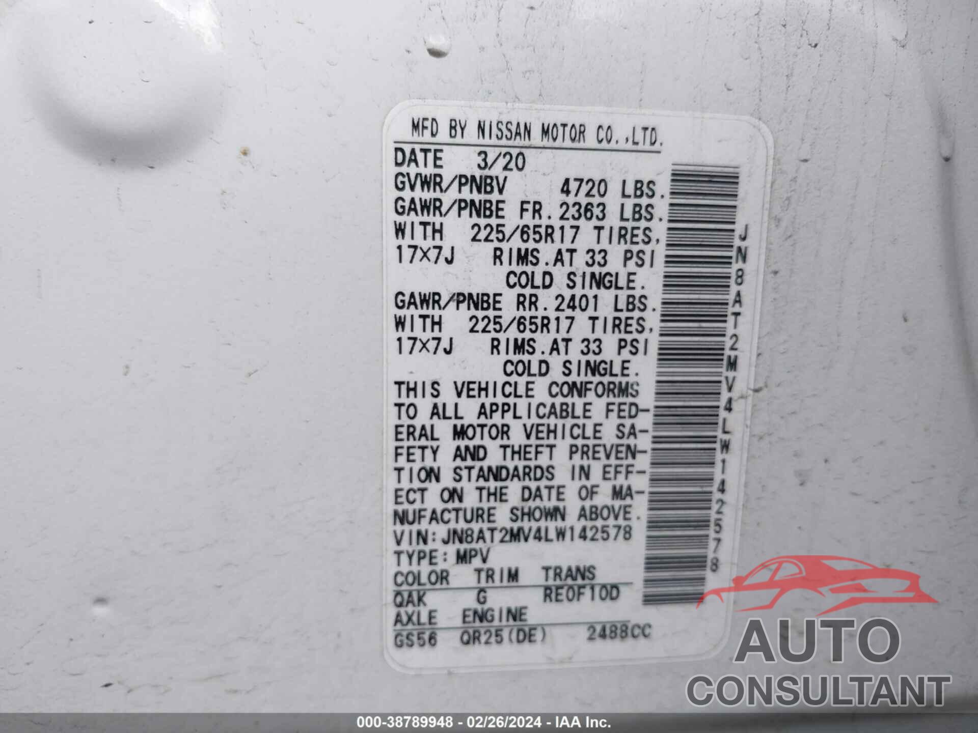 NISSAN ROGUE 2020 - JN8AT2MV4LW142578