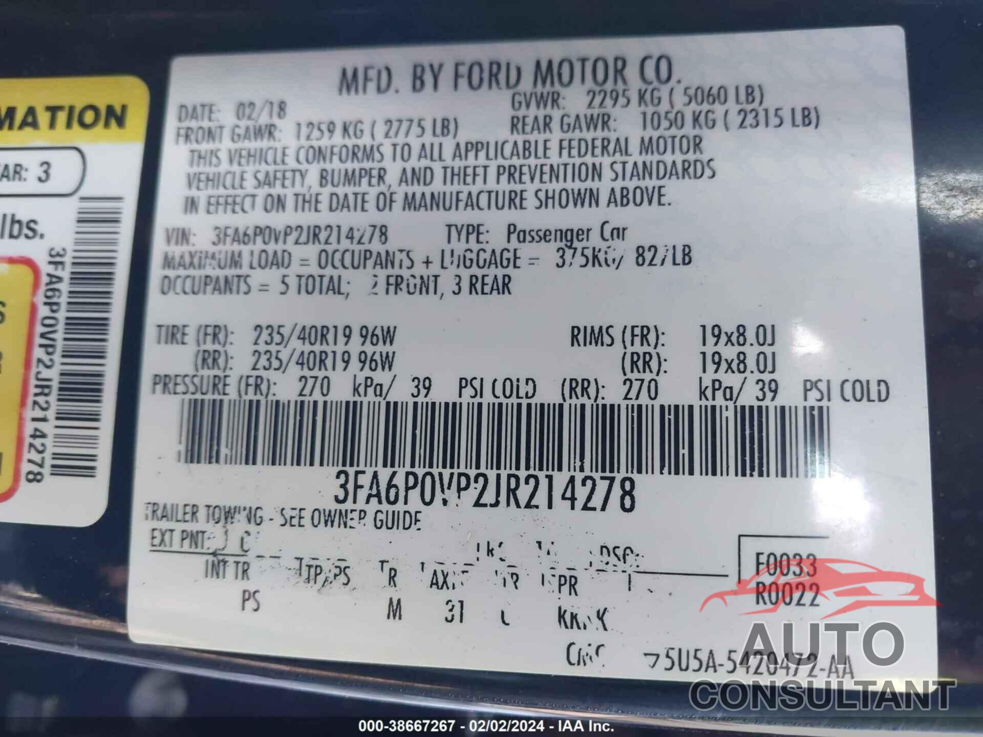 FORD FUSION 2018 - 3FA6P0VP2JR214278