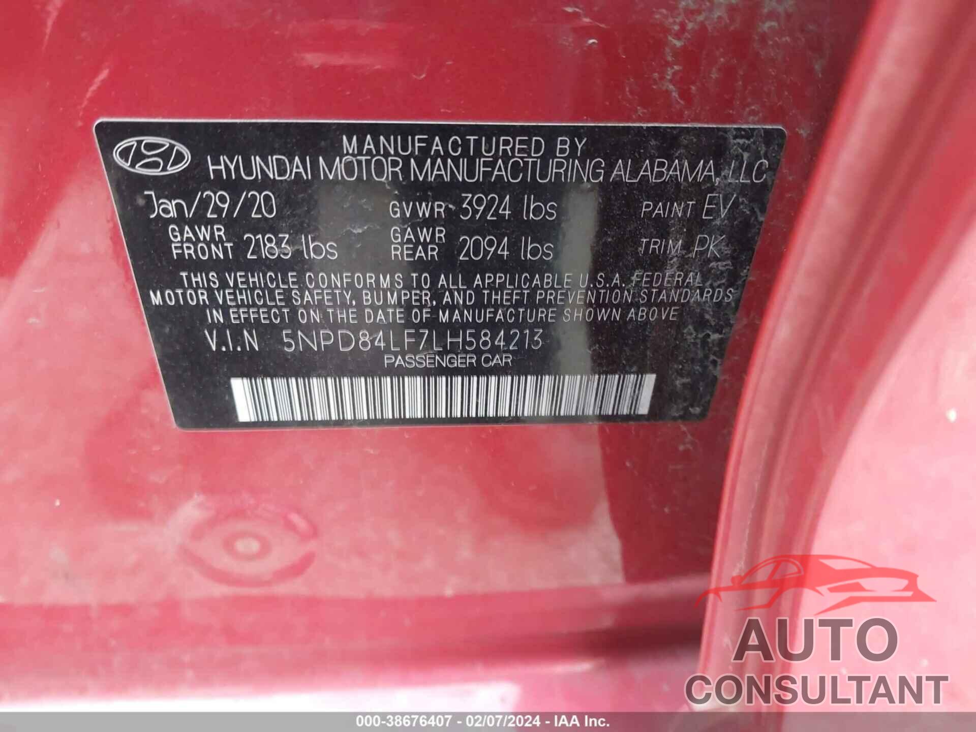 HYUNDAI ELANTRA 2020 - 5NPD84LF7LH584213