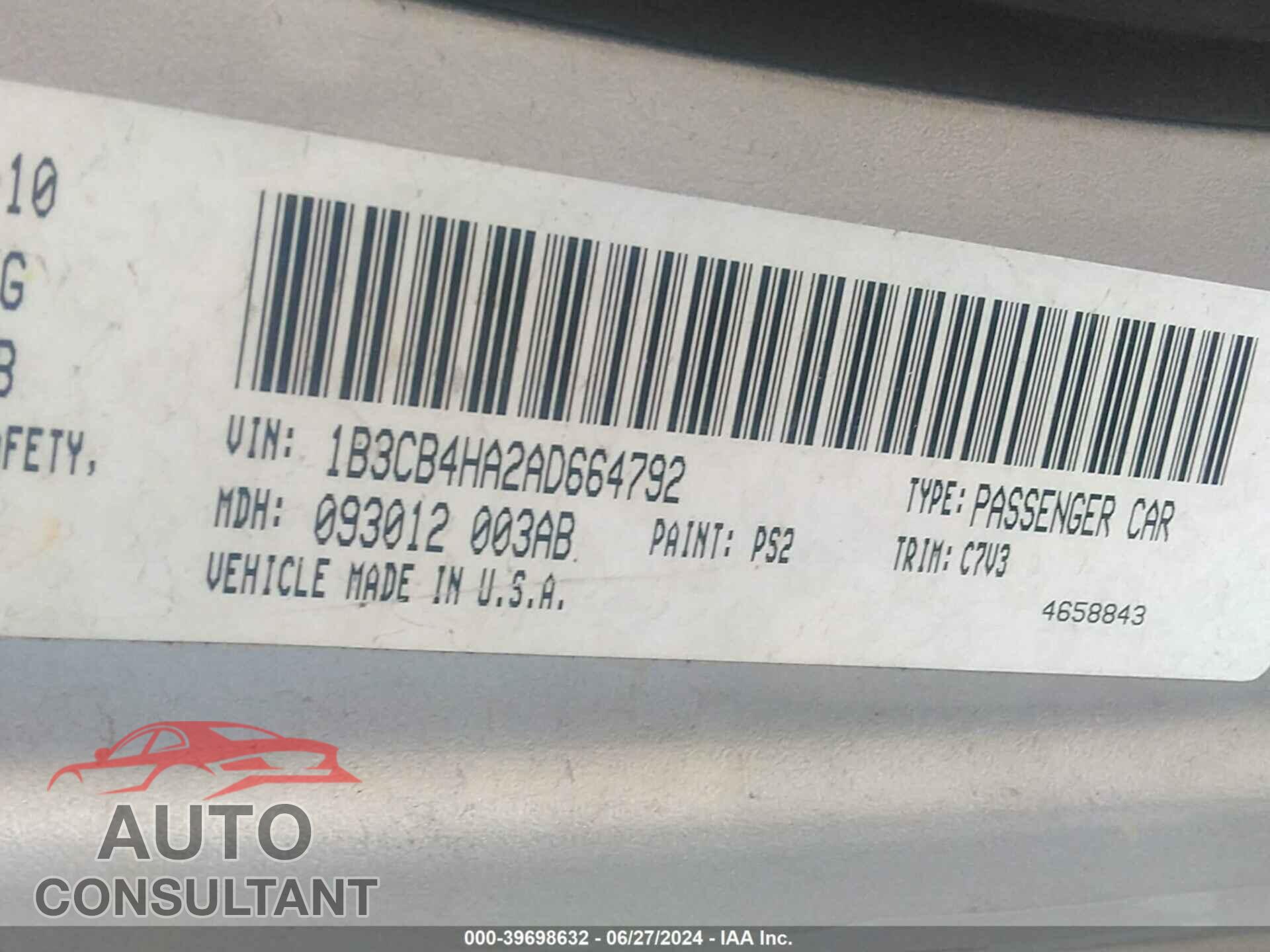 DODGE CALIBER 2010 - 1B3CB4HA2AD664792