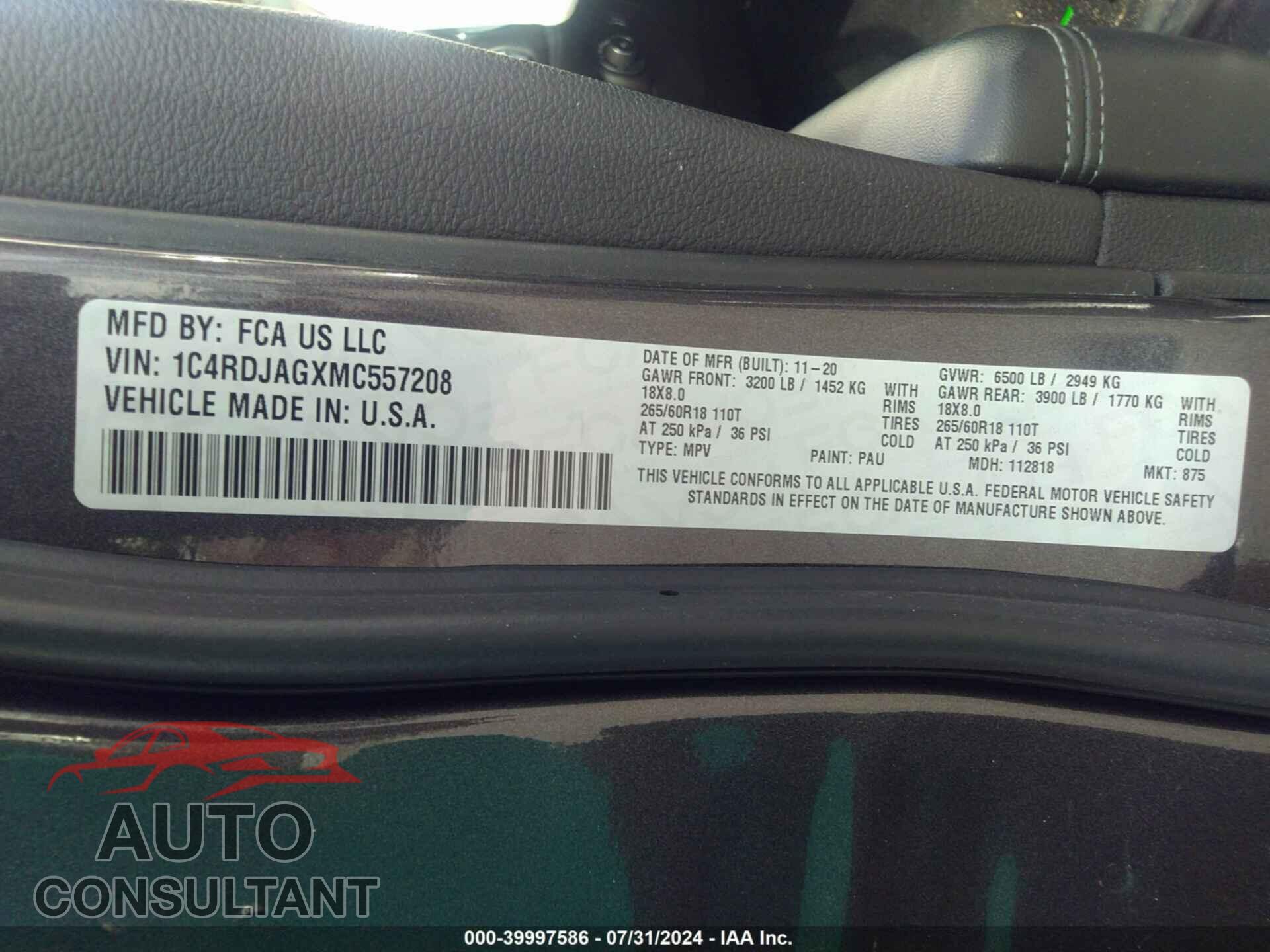 DODGE DURANGO 2021 - 1C4RDJAGXMC557208