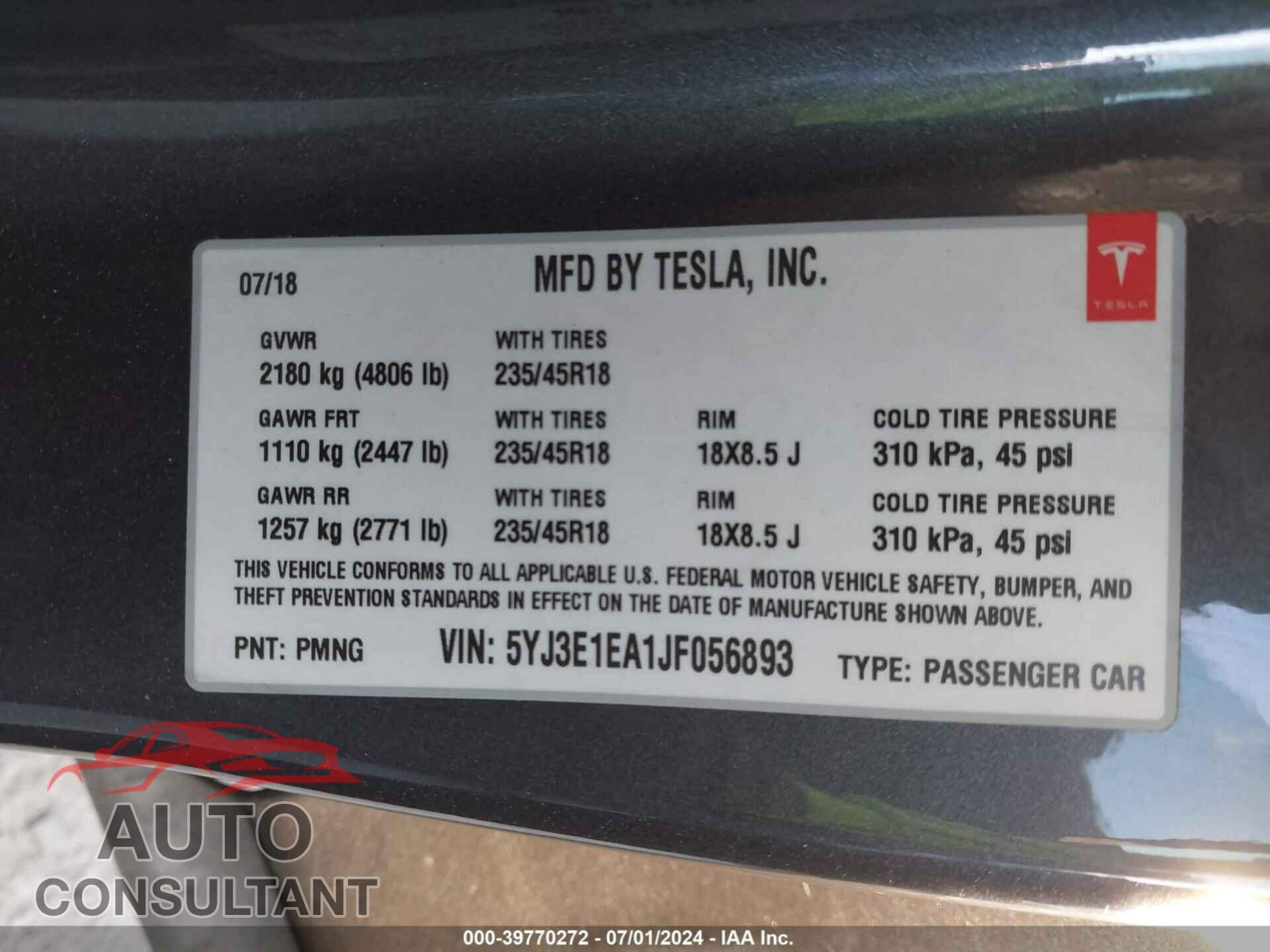 TESLA MODEL 3 2018 - 5YJ3E1EA1JF056893