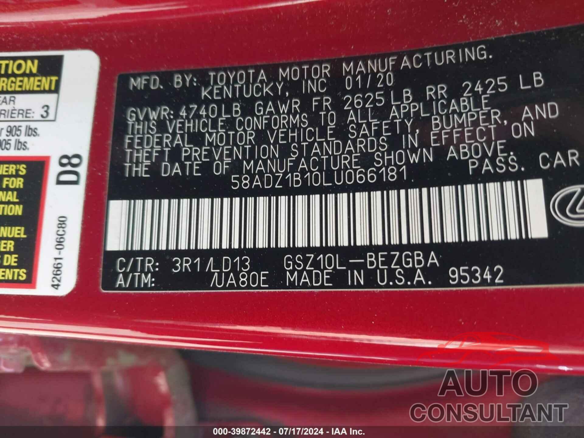 LEXUS ES 350 2020 - 58ADZ1B10LU066181