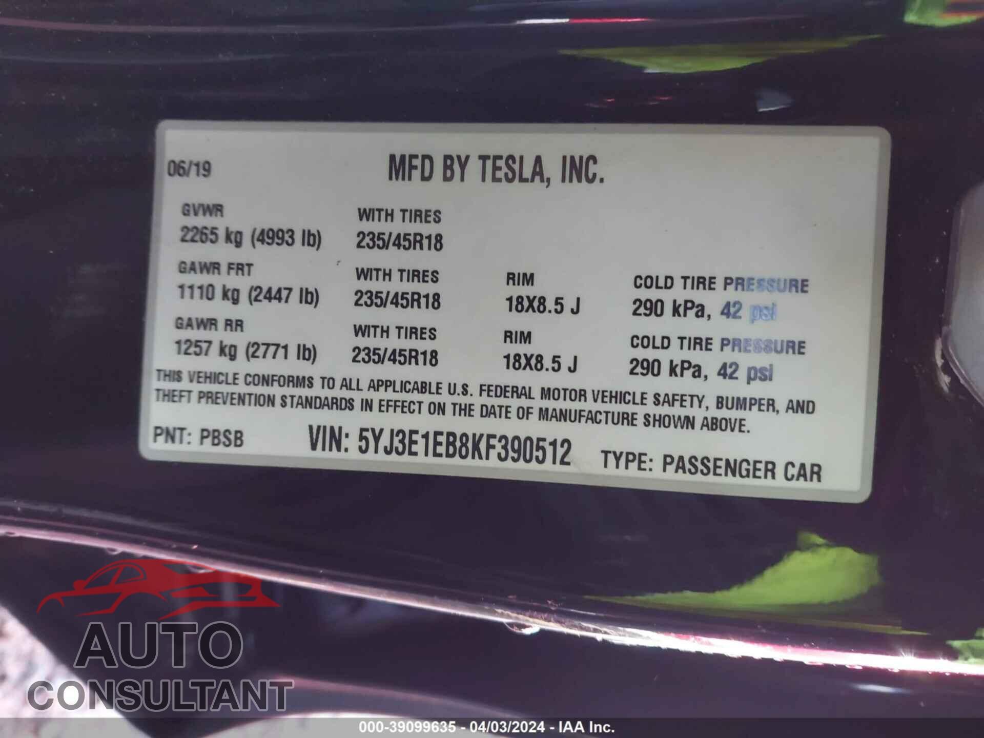 TESLA MODEL 3 2019 - 5YJ3E1EB8KF390512