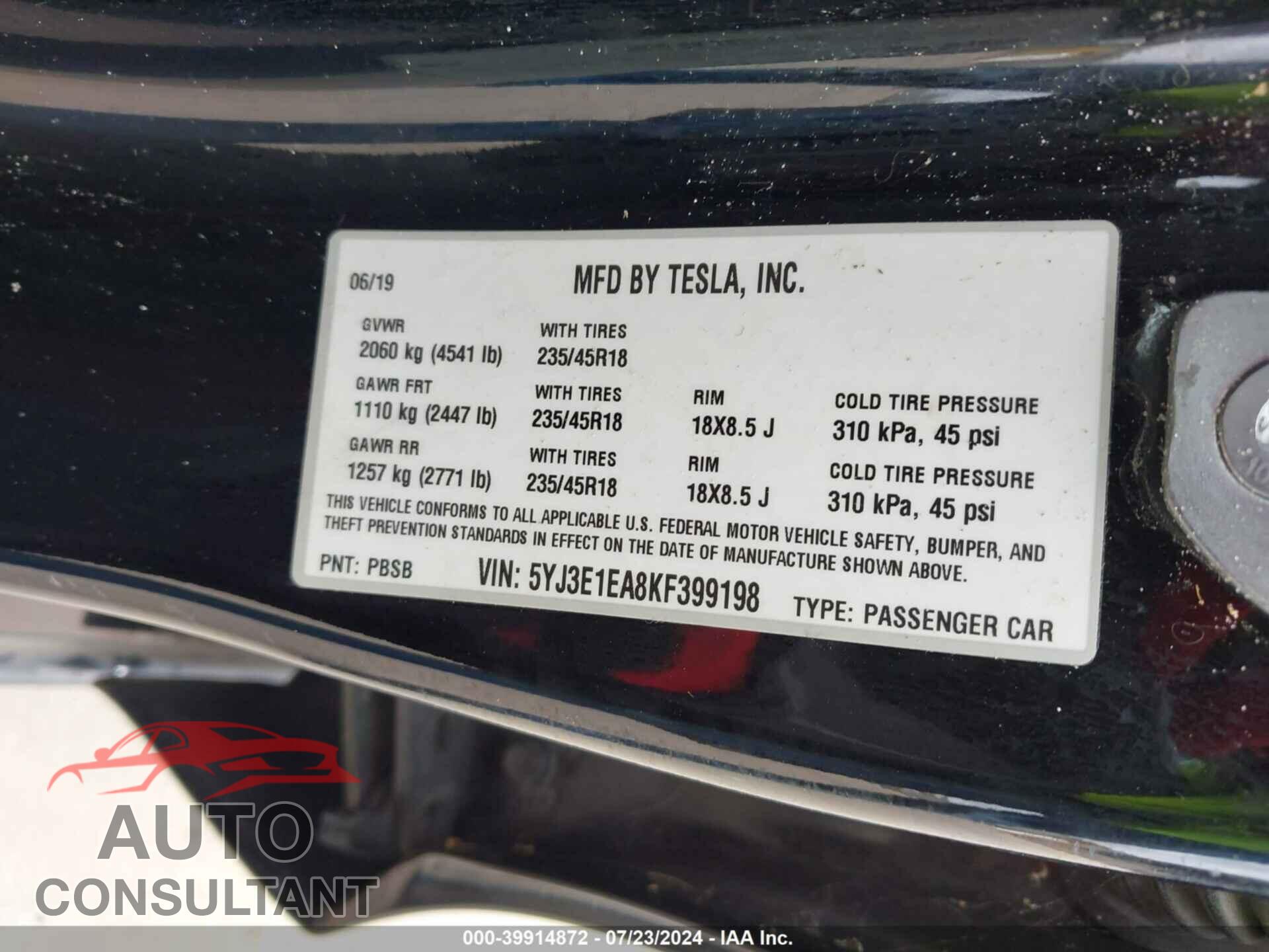 TESLA MODEL 3 2019 - 5YJ3E1EA8KF399198
